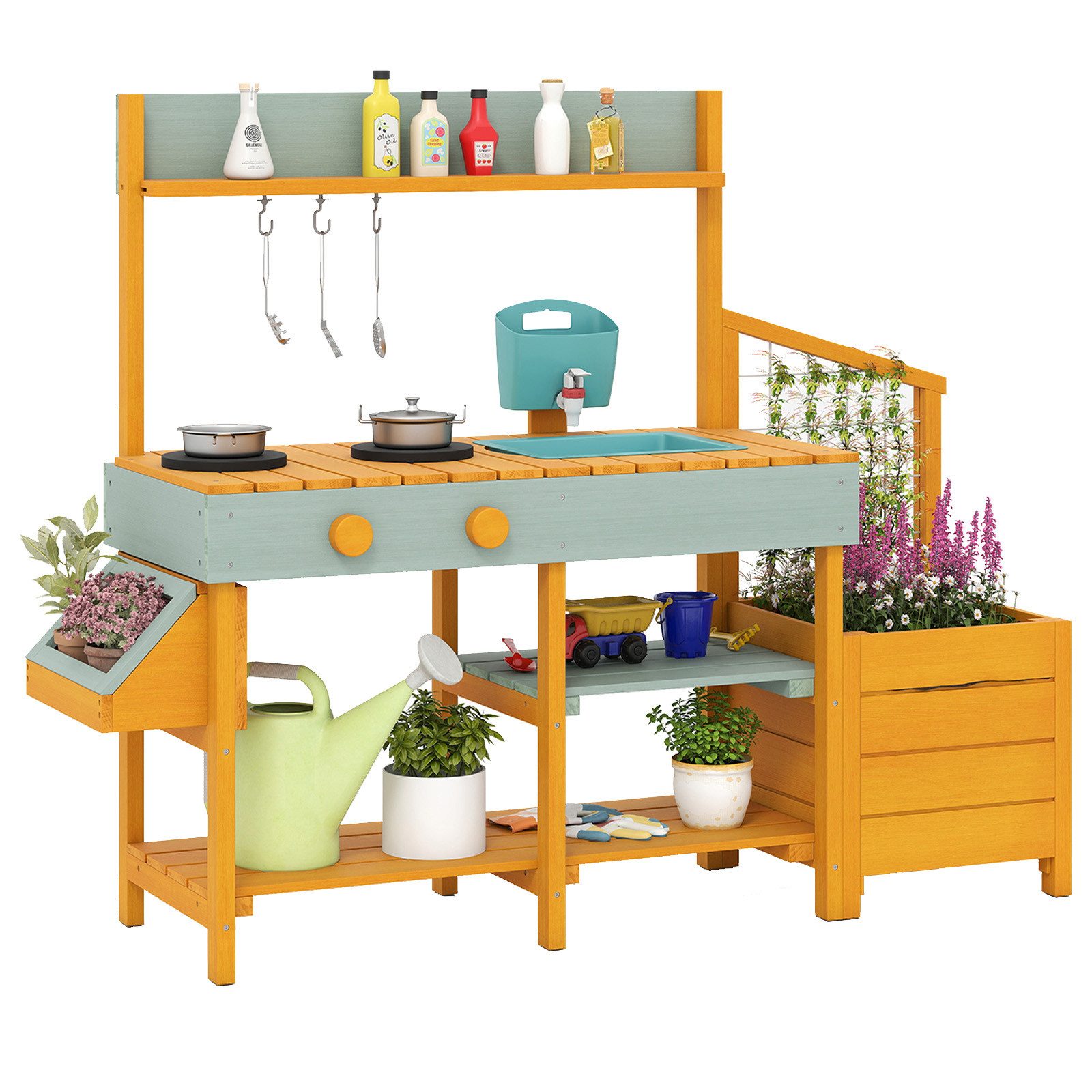 COSTWAY Outdoor-Spielküche Holz, Kinderküche mit Pflanzkasten & Rankgitter, ab 3 Jahren