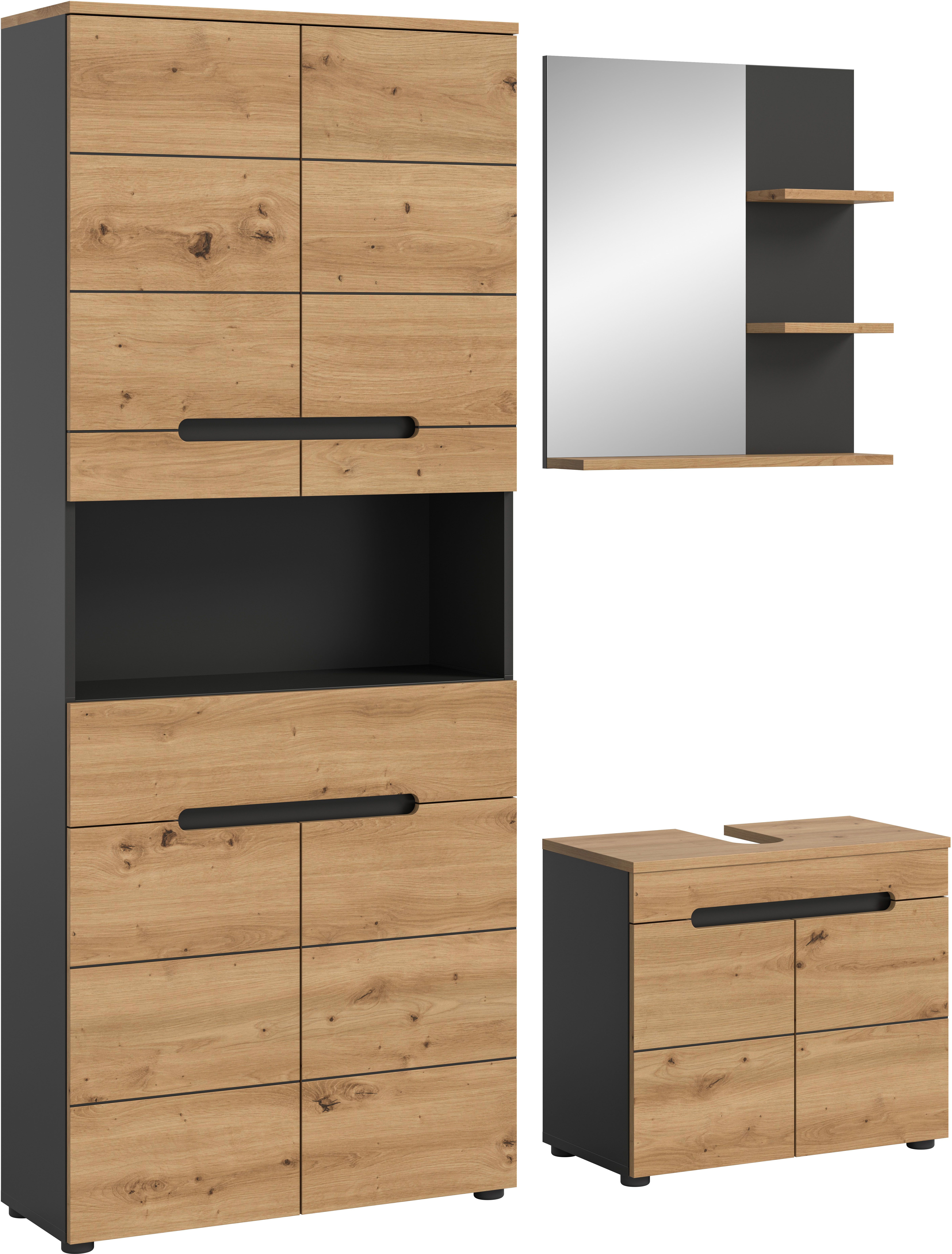 INOSIGN Badmöbel-Set REHAT, 3-teilig, Breite 154 cm, mit grifflosen Fronten, bestehend aus:, (3-St), 1x Hochschrank, 1x Waschbeckenunterschrank & 1x Badspiegel
