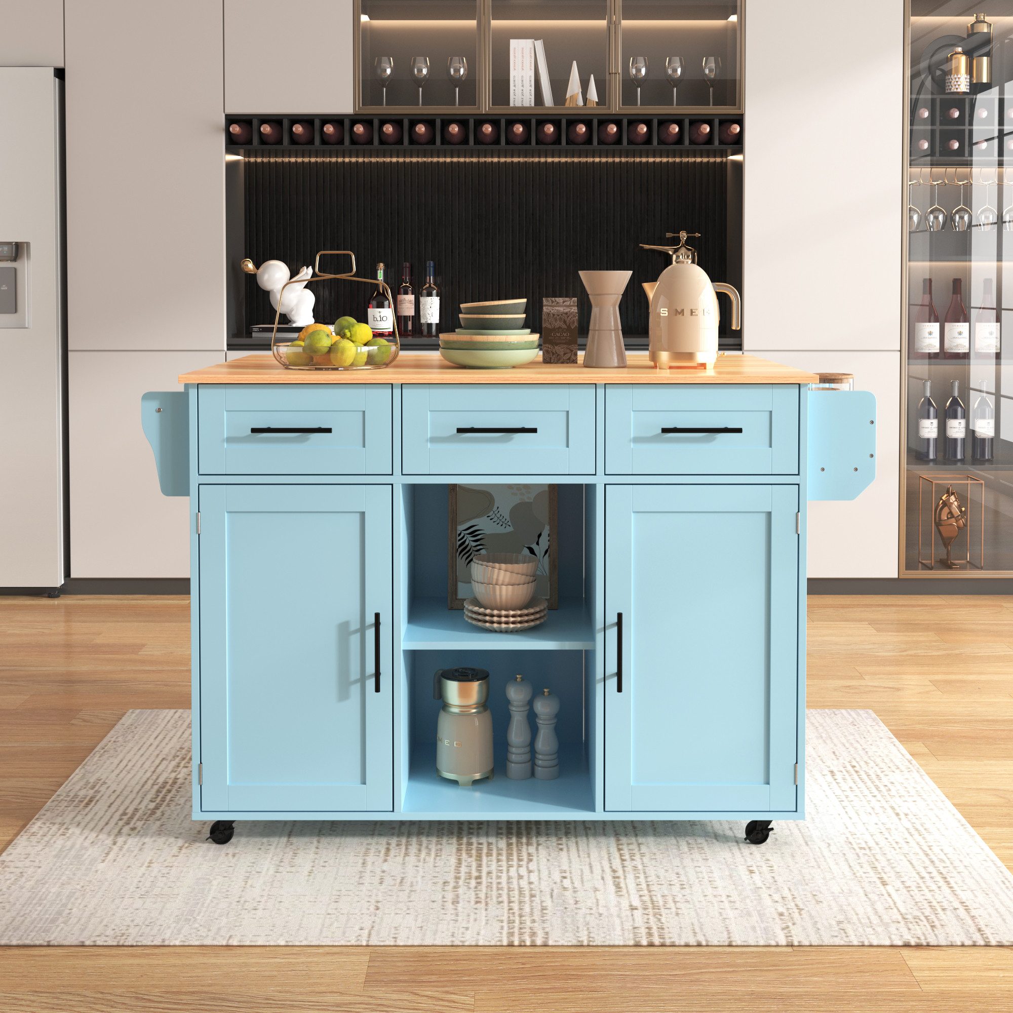 Celya Küchenwagen 139x46(71)x91.5 cm Servierwagen, Beistellschrank, (klappbare Arbeitsplatte, Ablagetür, Rollen, auswechselbare Massivholzfüße), Korpus Blau, Arbeitsplatte in Massivholzmaserung