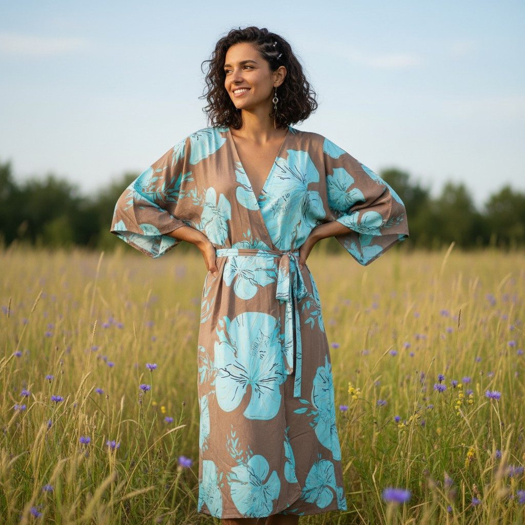 Guru-Shop Kimono Kimonokleid, seidig glänzender Boho Kimono mit.., alternative Bekleidung