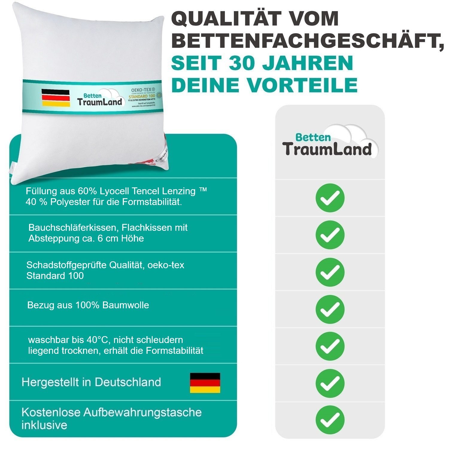 Betten Traumland Bauchschläferkissen TENCEL™ Lyocell Lenzing mit Kissenbezug 80x80 cm, Füllung: 60% TENCEL™ Lyocell Lenzing und 40% Polyester, Flachschläfer, Bauchschläfer, atmungsaktiv und sehr hygienisch, pflegeleicht