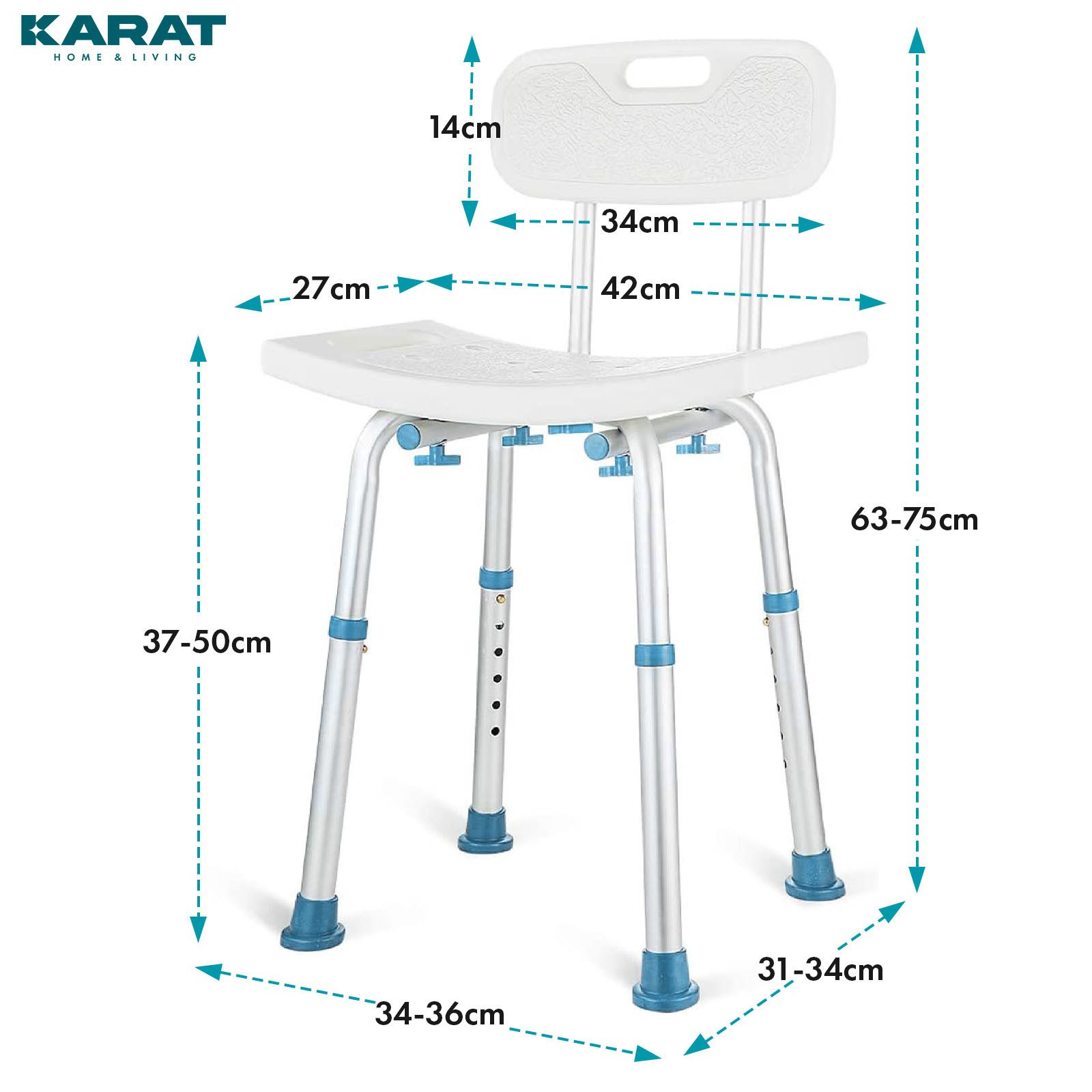 Kubus Duschhocker Lino, Für Senioren, Pflege & Barrierefreies Duschen, Sitzhöhenverstellung von 37 bis 50 cm in sechs Stufen