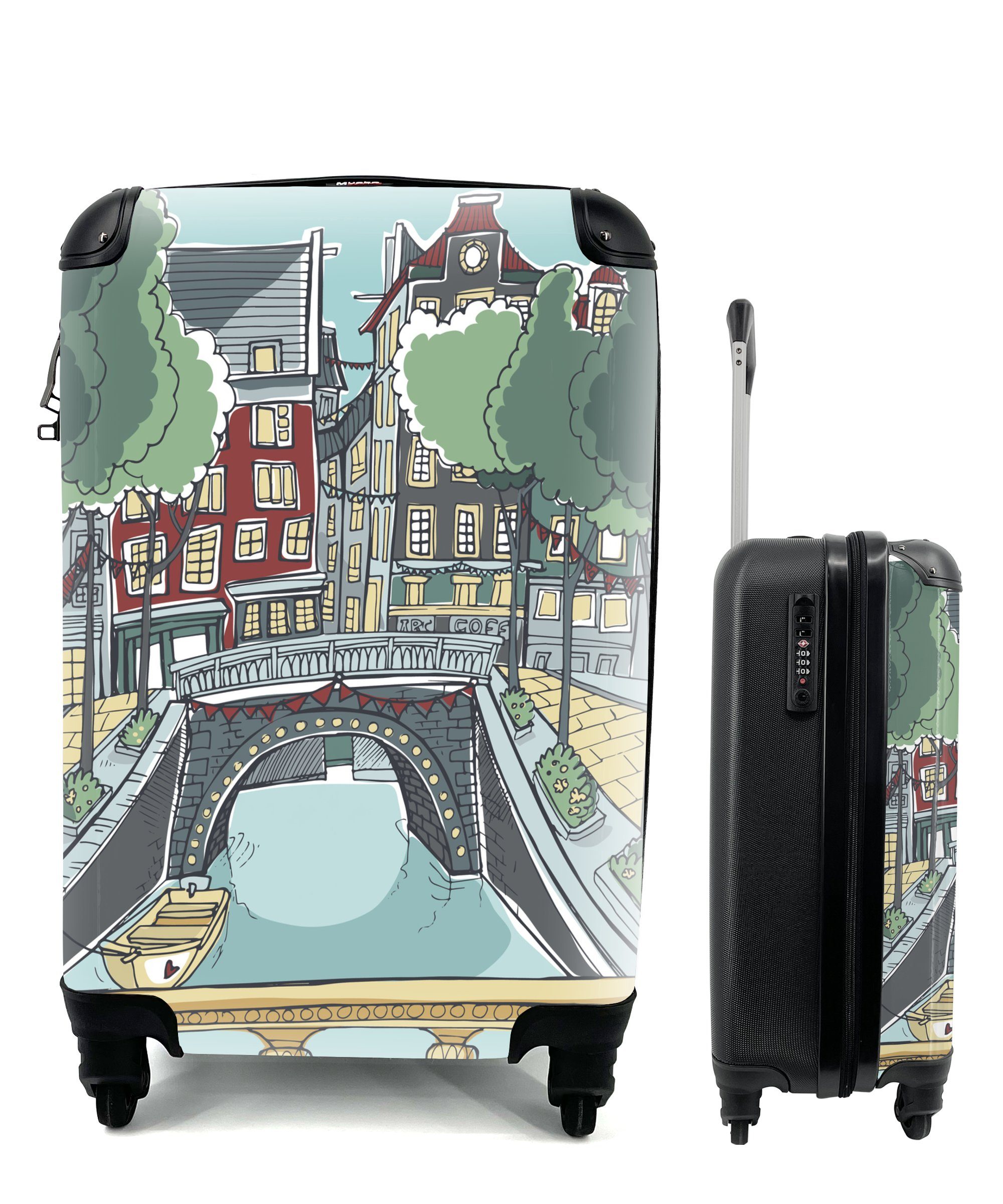 MuchoWow Handgepäckkoffer Illustration der Grachten in Amsterdam, 4 Rollen, Reisetasche mit rollen, Handgepäck für Ferien, Trolley, Reisekoffer