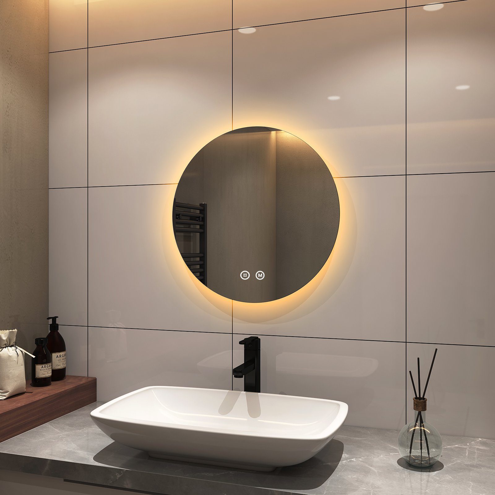 S'AFIELINA Badspiegel Einstellbare Runder mit cm,Touch-Schalter,3000/4000/6500K Wandspiegel Helligkeit, 3 50 Lichtfarbe Lichtfarbe+ Dimmbar,Energiesparend