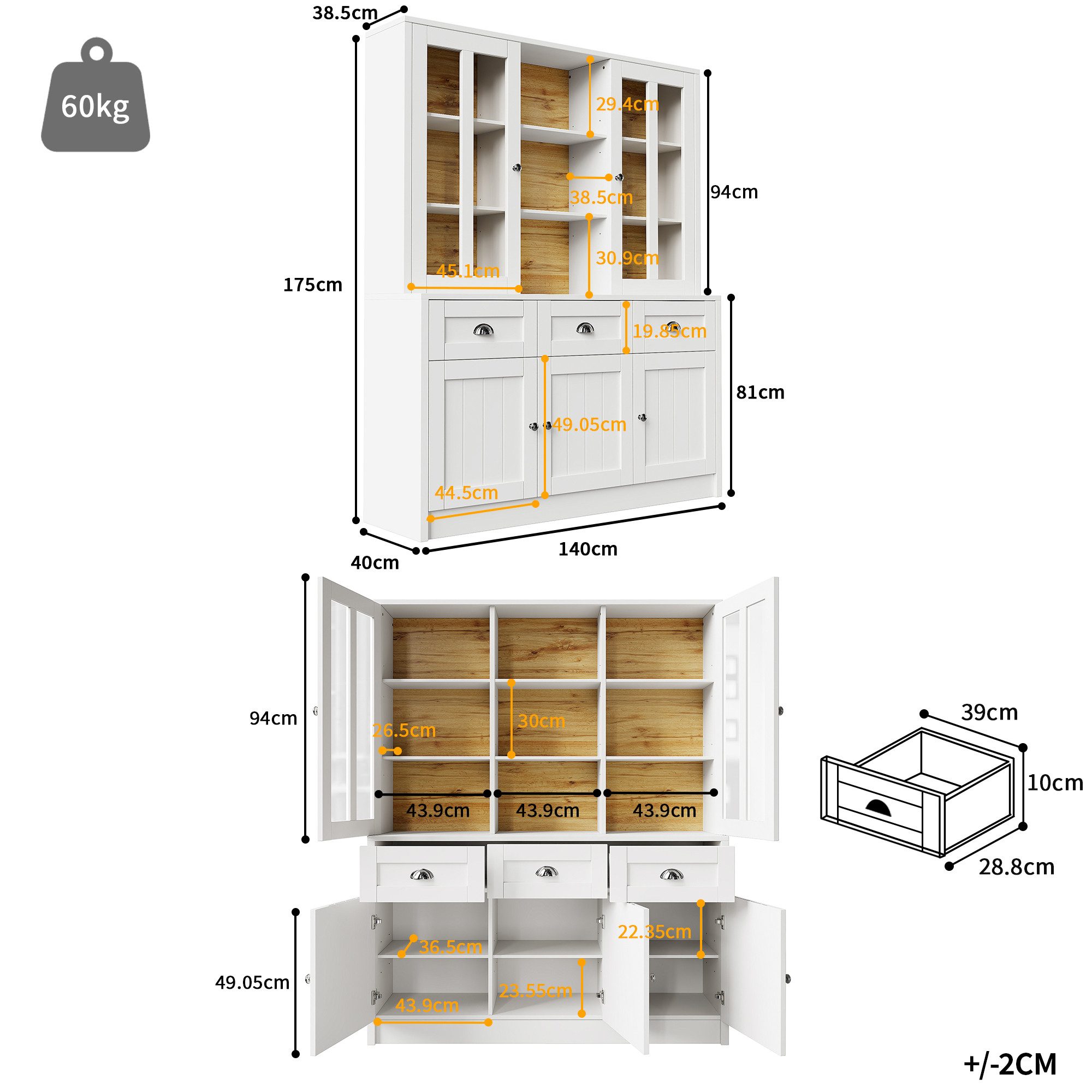 Celya Hochschrank Vitrinenschrank, Esszimmerschrank mit Schubladen 140×38.5 günstig online kaufen