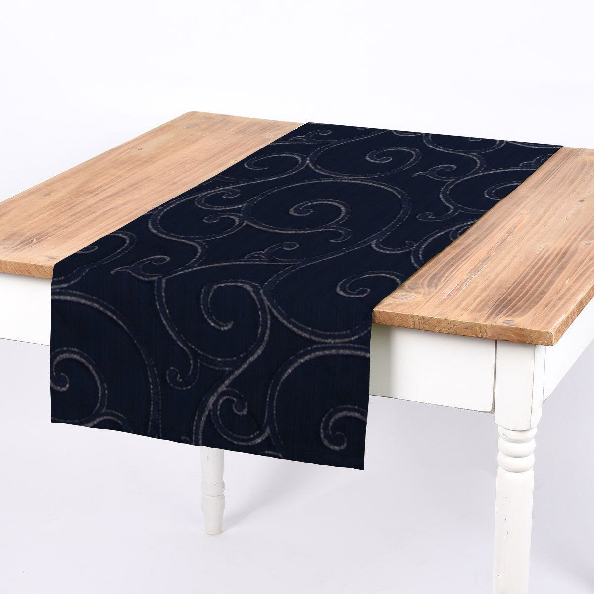 SCHÖNER LEBEN. Tischläufer Ornamente Schnörkel Lurex dunkelblau silb, handmade