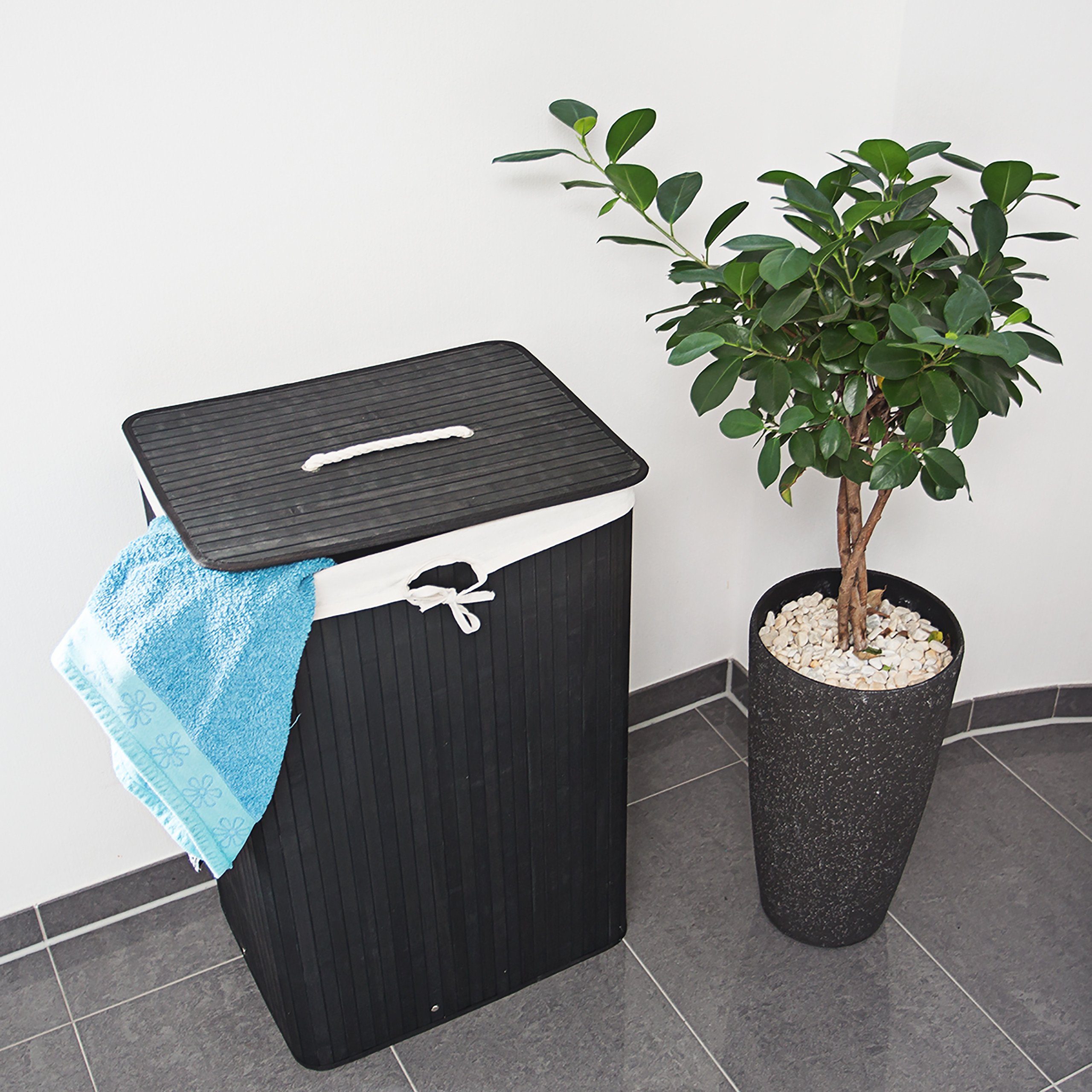relaxdays Wäschekorb Bambus eckig, Schwarz günstig online kaufen