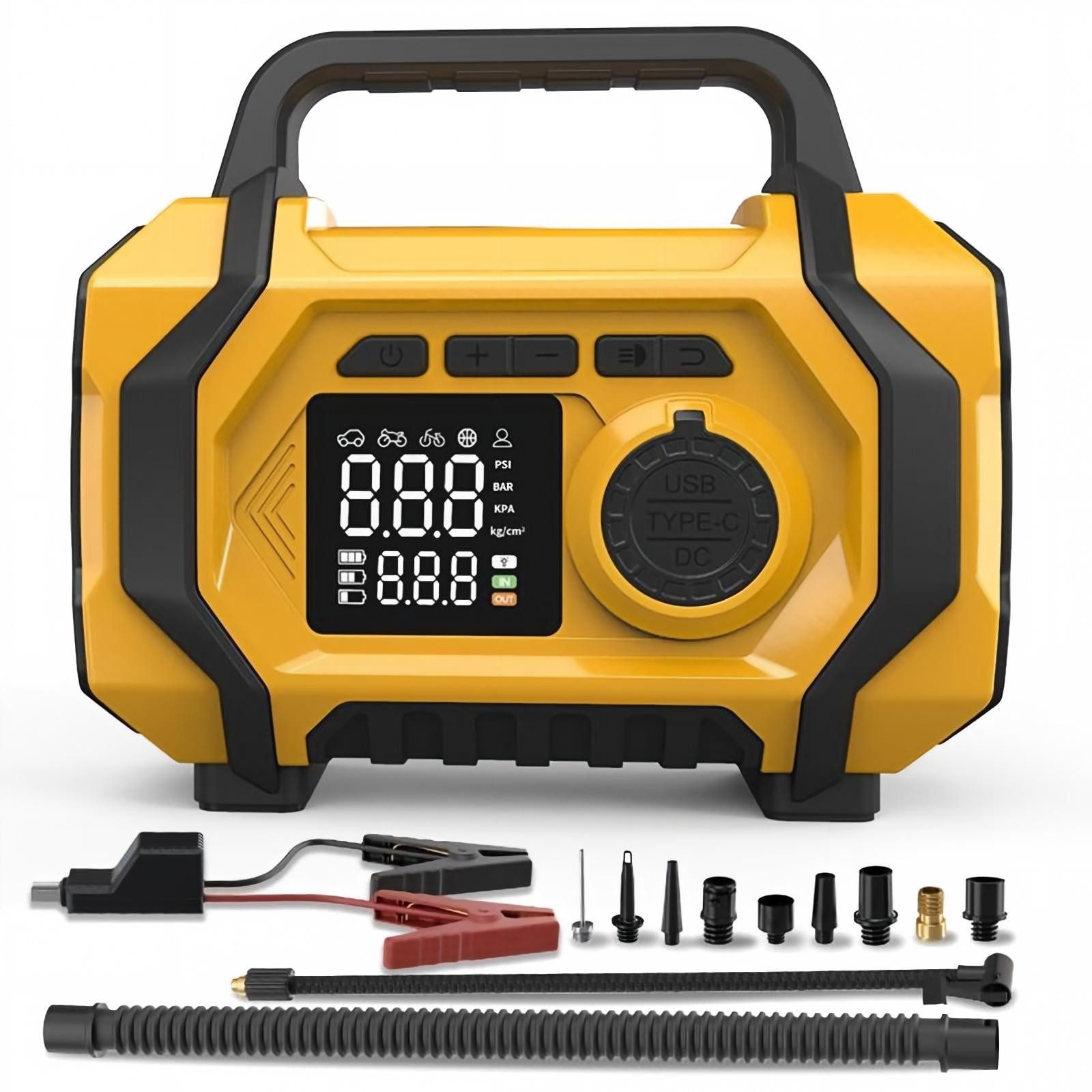 AIBISTAR Auto Starthilfe Powerbank mit 150PSI,6-in-1 Autobatterie-Ladegerät Autobatterie-Ladegerät (14-tlg., intelligentes LED-Display,SOS-Modus, 8000mAh,Powerbank-Funktion,Blasfunktion,Vakuumfunktion,Notstromquelle)