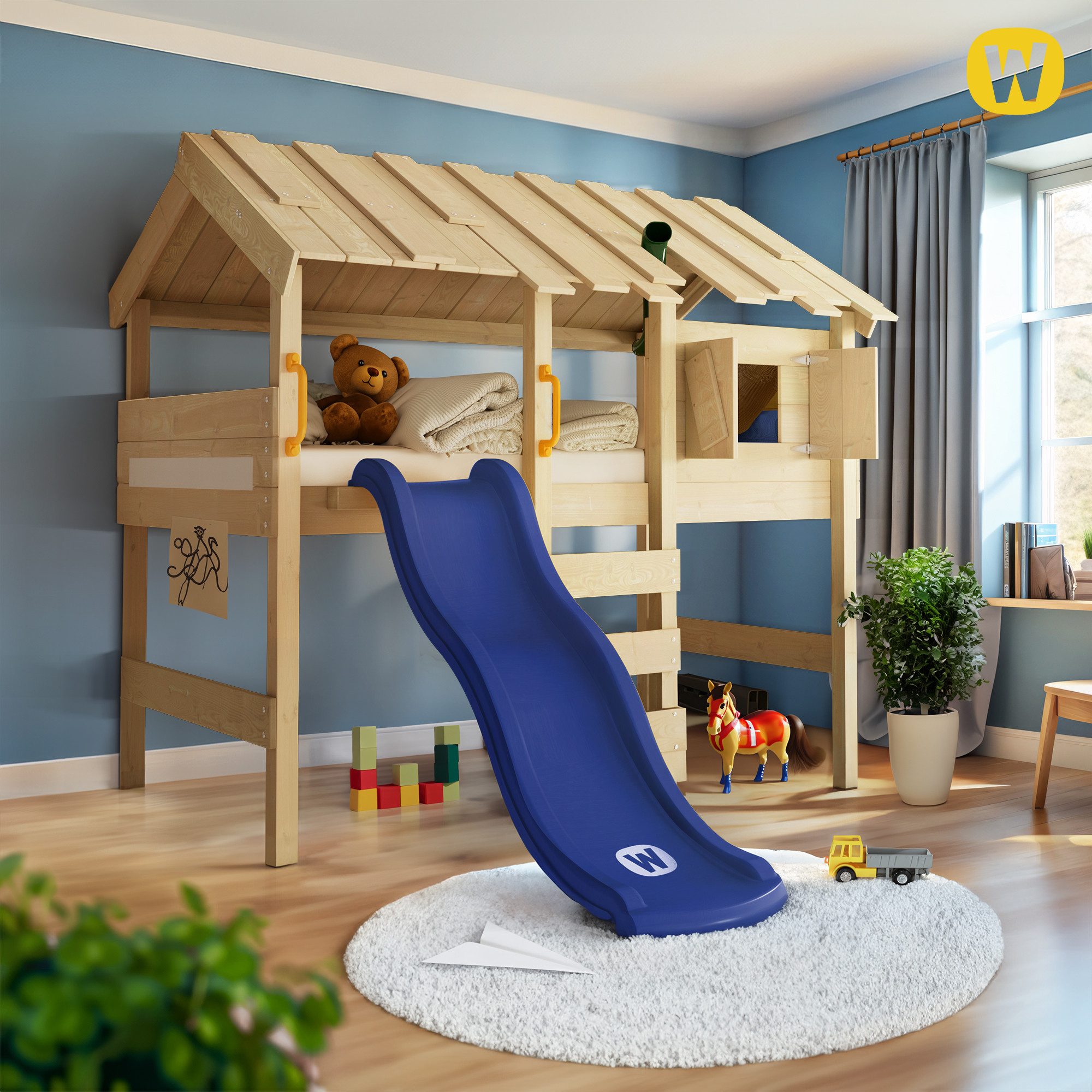 Wickey Kinderbett CrAzY Lagoon - Spielbett mit Rutsche 90 x 200 cm, Etagenbett (Holzpaket aus Pfosten und Brettern, Spielhochbett für Kinder), Massivholzbrett
