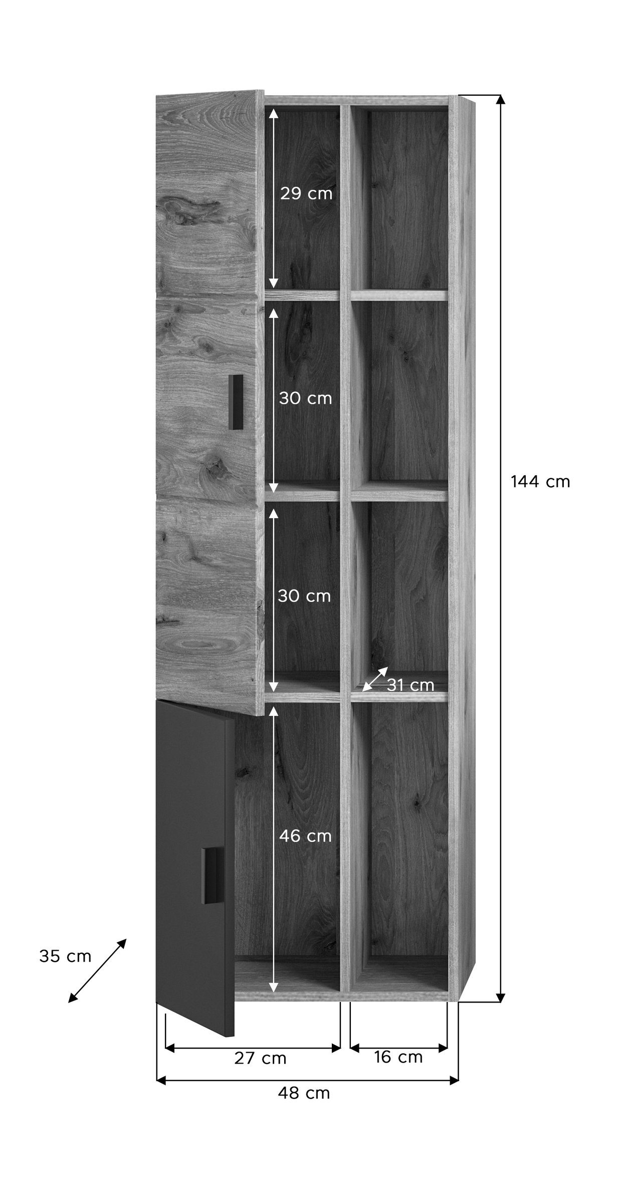 möbelando Midischrank 48x144x35 Fächern. 2 und Türen (BxHxT) mit cm 4 oak in Abmessungen Grado nox