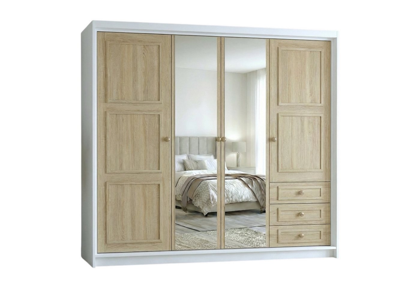 A&J MöbelLand GmbH Drehtürenschrank OSLO viertüriger Kleiderschrank mit Schubladen und Metallgriffen (Geräumiger viertüriger Kleiderschrank mit Schubladen und Metallgriffen. Geräumiger Schrank mit einer Breite von 200 cm und Schubladen, ideal zur Aufbewah