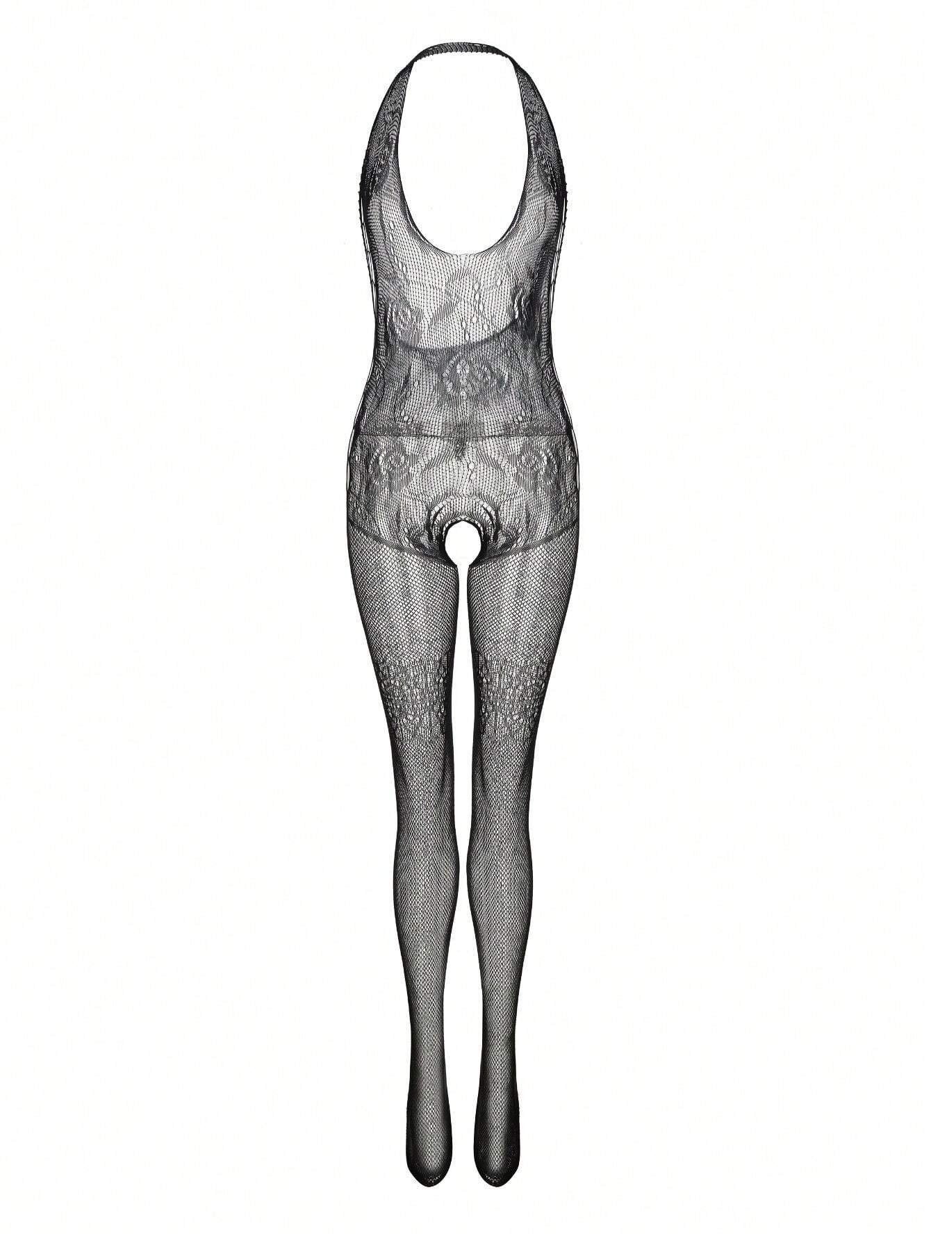 Elegant Love Bodystocking-Ouvert Neckholder Body Dessous mit offenem Schritt, Sexy Catsuit Femininer Strumpfbody mit feinem Design, S–XL