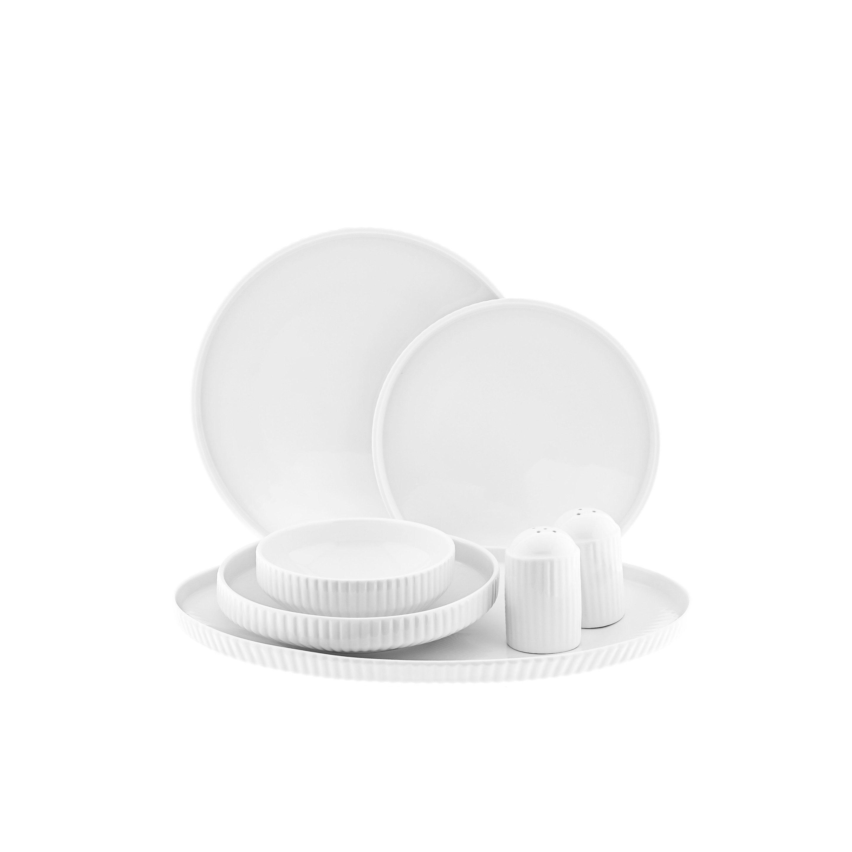 Almina Tafelservice Borneo im Relief-Design - 27-teiliges Set aus Porzellan in Weiß (27-tlg), 6 Personen, Porzellan, 27 Teile, für 6 Personen