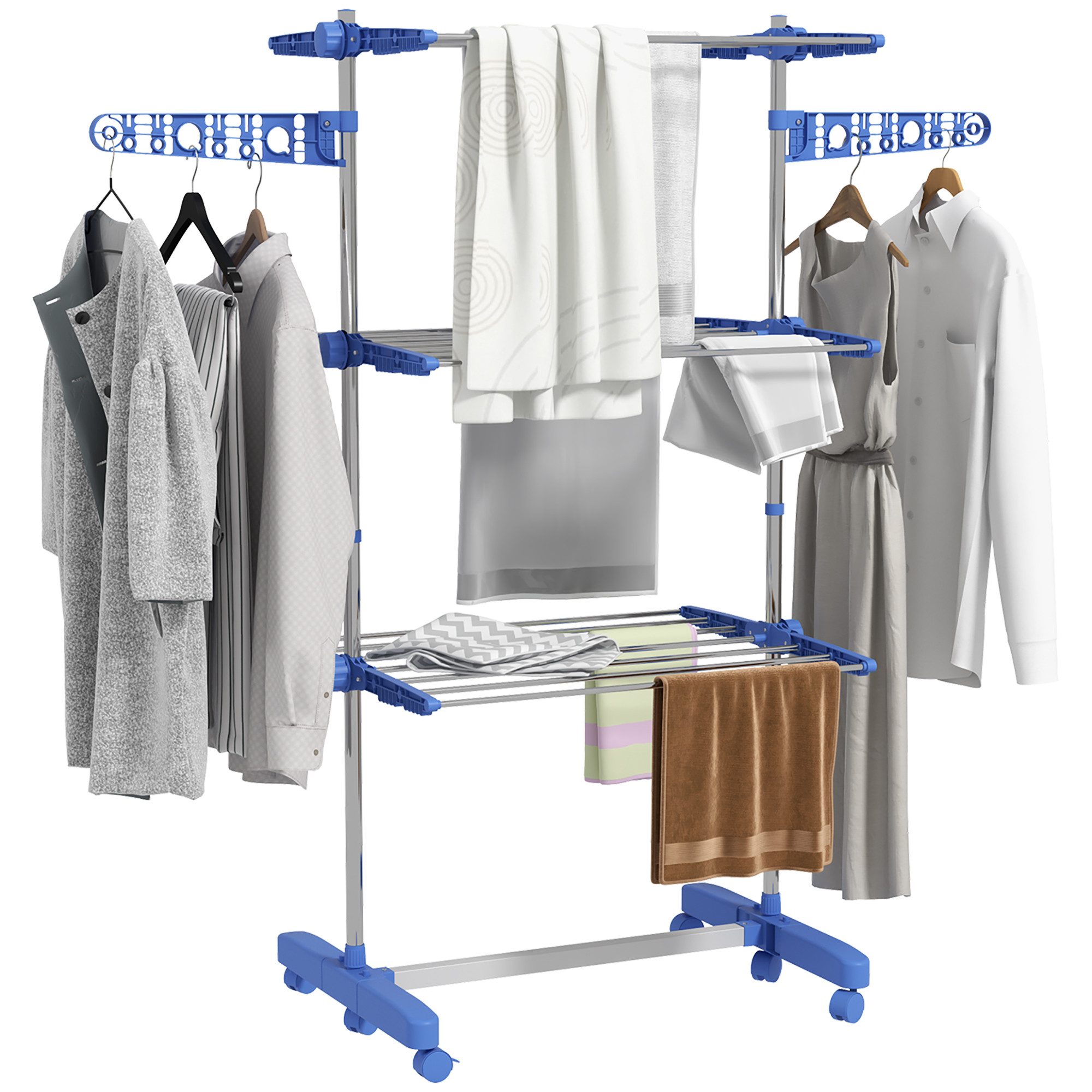 HOMCOM Wäscheständer Turm Standtrockner mit 3 Ebenen, klappbare Flügel, Rollen, für Indoor, Outdoor, Stahl Blau 80,142 x 55 x 152 cm – Bild 2 von 5