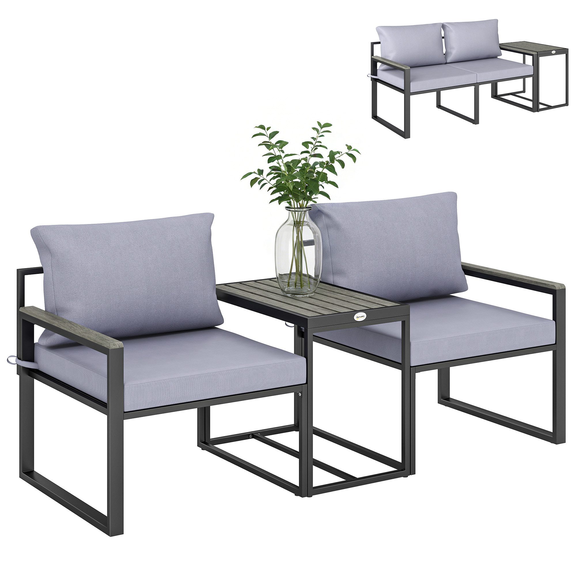 Outsunny Sitzgruppe mit Tisch, abnehmbar Sitz-& Rückenkissen, atmungsaktiv Bezug, (Garten Bistro Set, 3-tlg., Balkonmöbel Set), für Garten Terrasse Grau