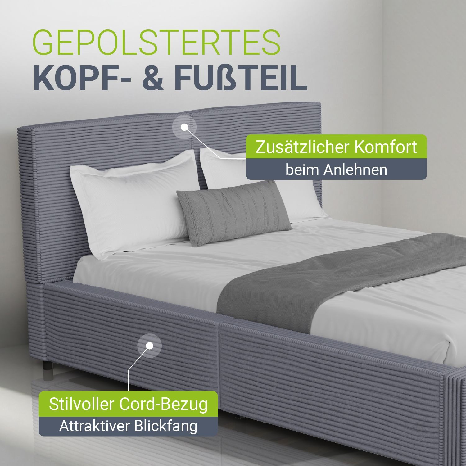 Juskys Polsterbett Salerno, Cord Design, bis 500 kg belastbar, Pflegeleicht mit Polsterung