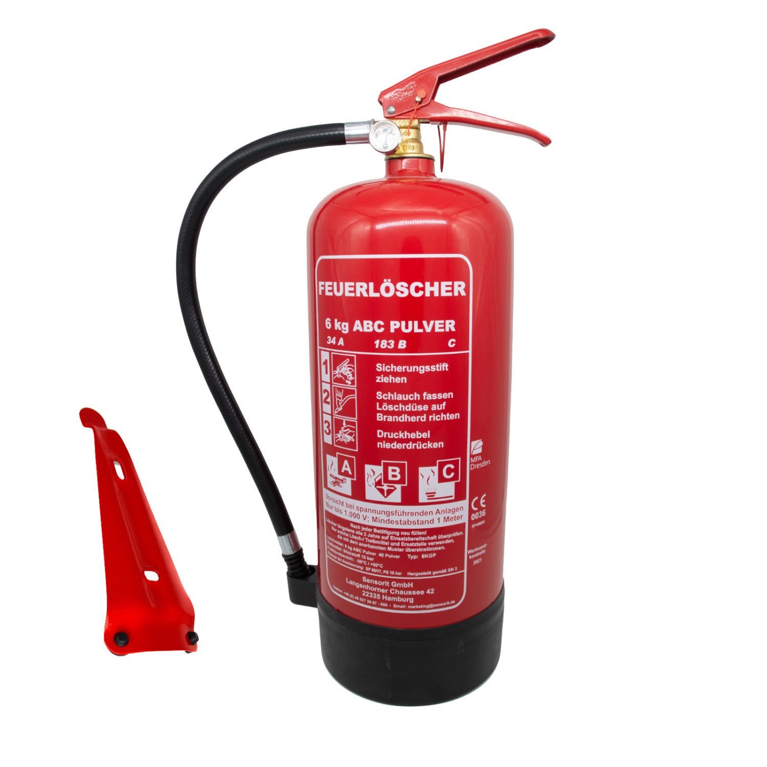 Sensorit Pulver-Feuerlöscher 6kg Pulverlöscher, Огнетушитель, ABC inkl. Halterung und Prüfschild