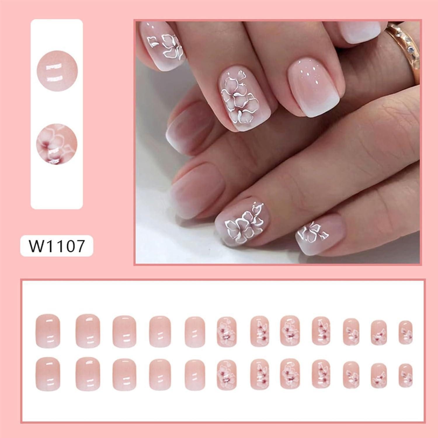 LuxusKollektion Kunstfingernägel Nagelspitze 24er Set quadratisch kurz Klebe Nägel Blumenverlauf Pink – Bild 3 von 5