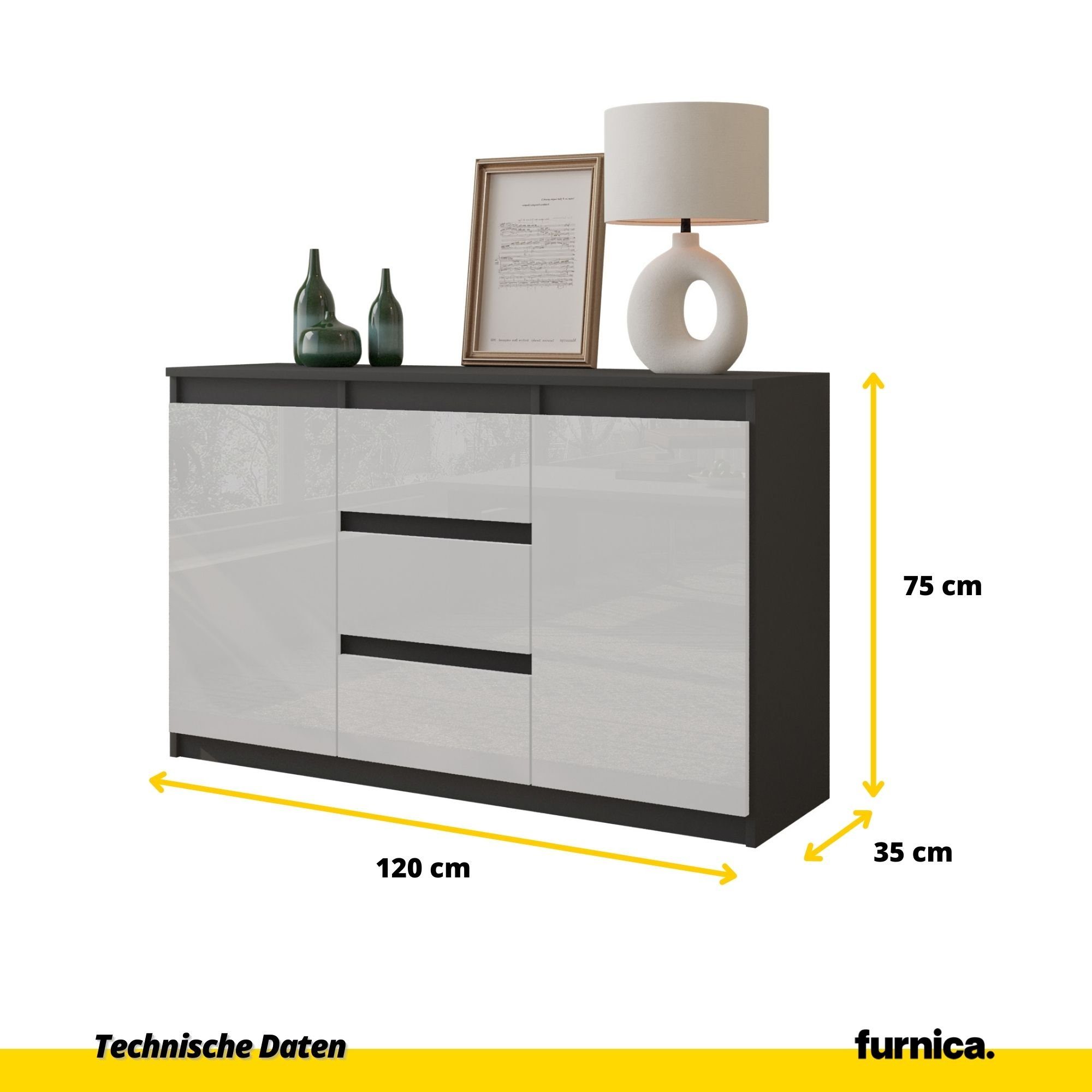 Furnica Kommode Sideboard 3 Schubladen und 2 Türen - Anthrazit Grau H75cm B120cm T35cm