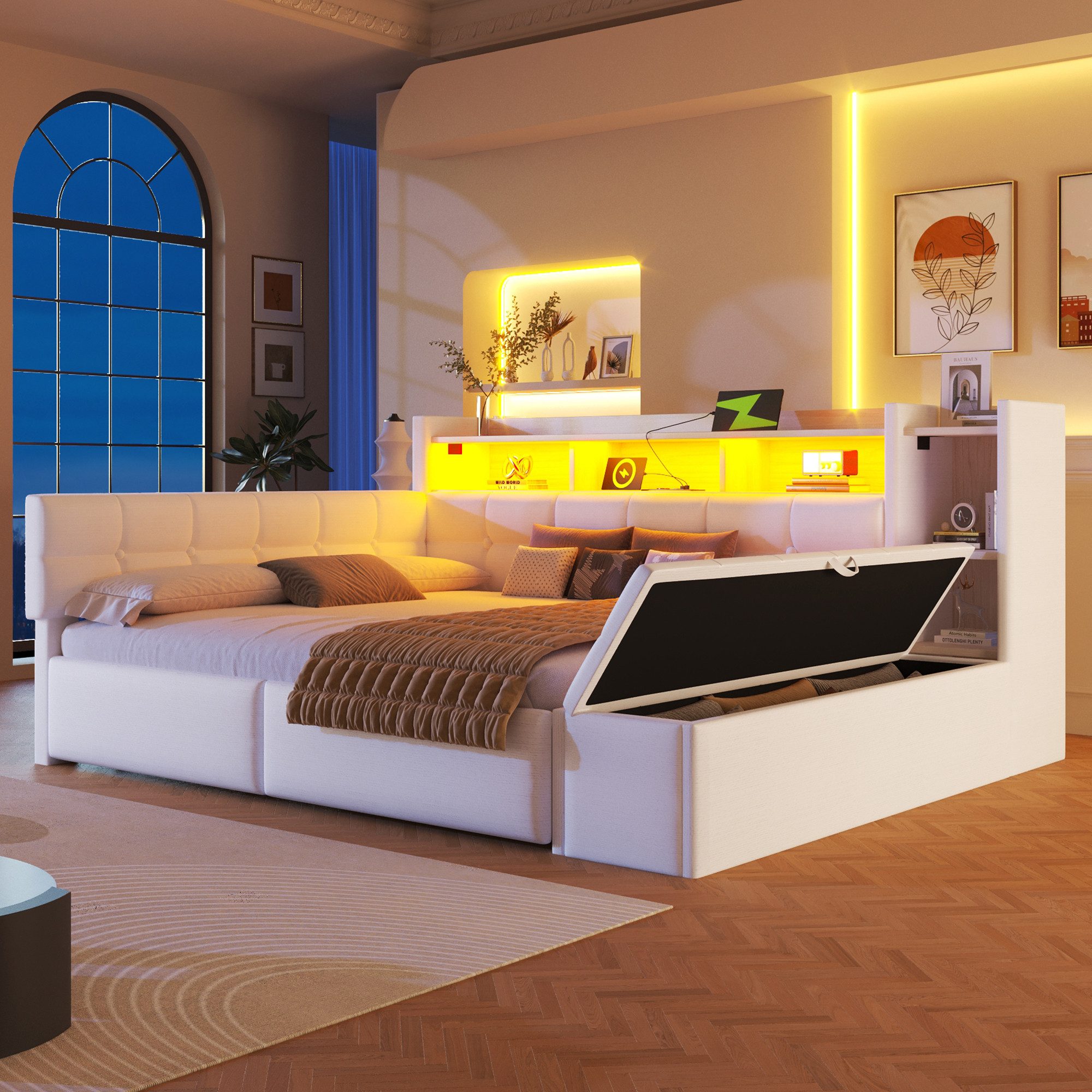 Merax Daybett mit LED Lichtleiste, USB & Typ-C, Samt (Schlafsofa Sofabett Jugendbett Kinderbett, 1 tlg), Tagesbett 140x190cm mit Schubladen,Ablagefach,Stauraumbank am Fußende