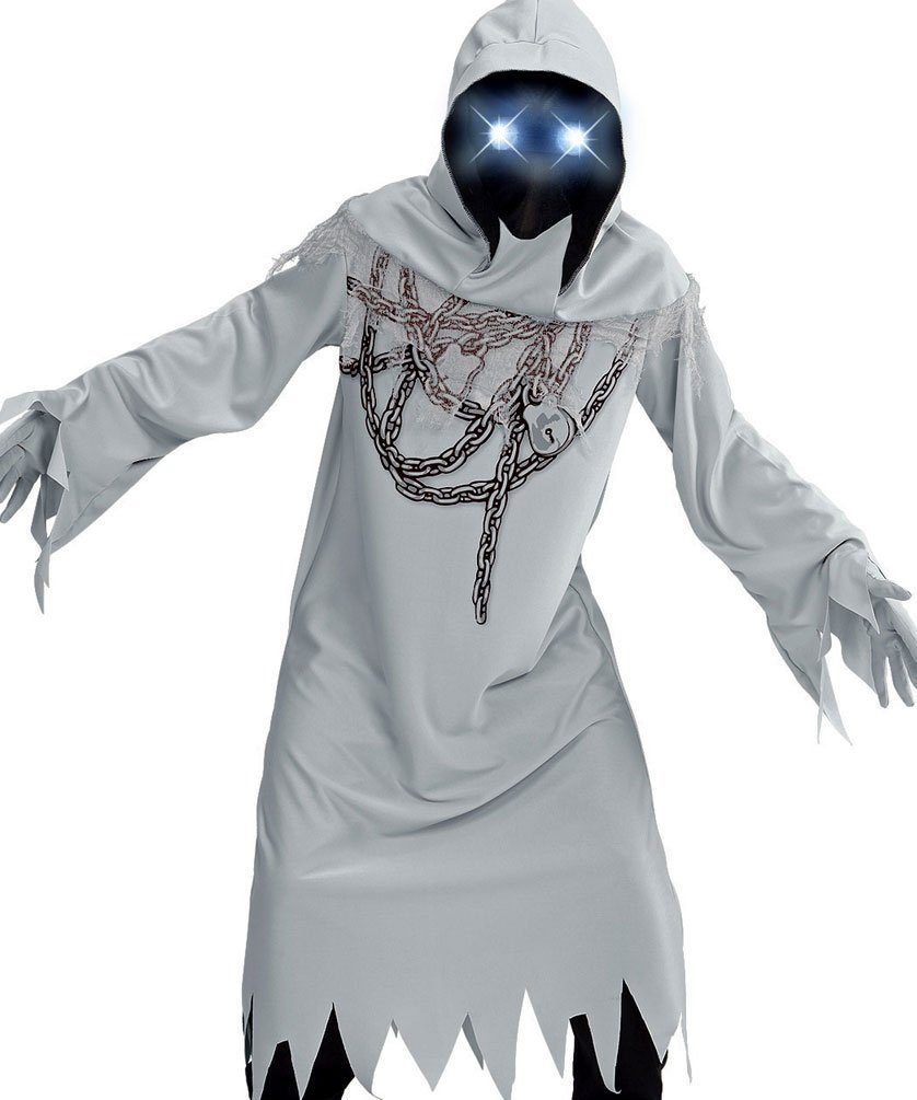 Karneval-Klamotten Kostüm Geister Gespenst Kinder mit leuchtenden Augen, Halloween Kapuzenumhang grau mit Maske mit leuchtenden Augen