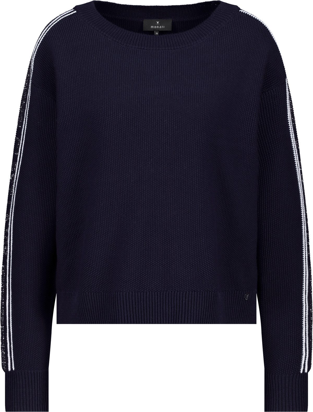 Monari Strickpullover Regular Fit, Streifendetails, Strasssteinschriftzug