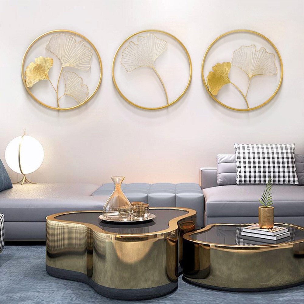 TUWENA Wanddekoobjekt 3 Stück Wanddekoration aus Metall in Form Ginkgoblattes