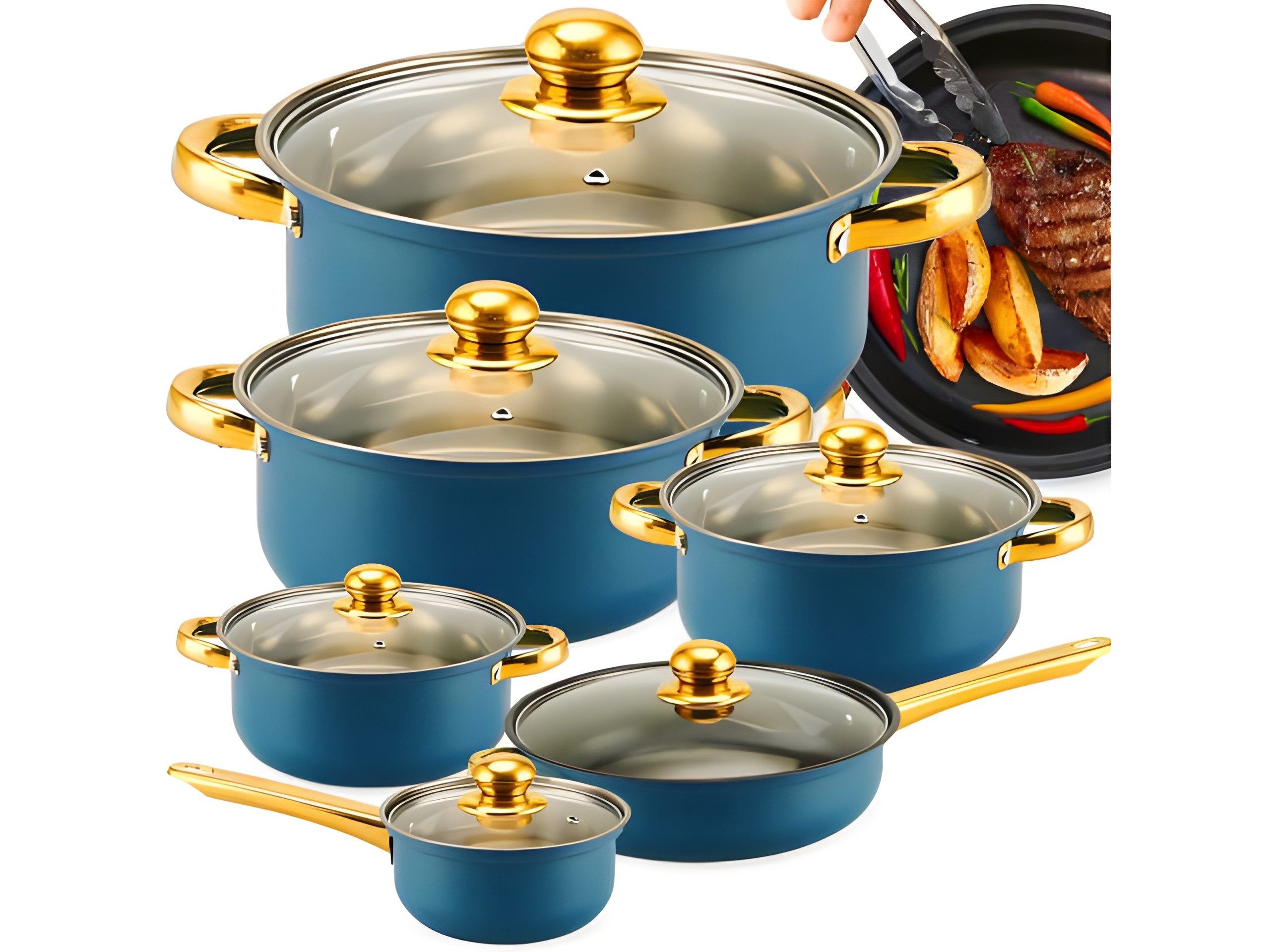 Retoo Topf-Set Kochset Edelstahl 12-teilig mit Pfanne & Glasdeckeln, Edelstahl (Kochgeschirr-Set, 12-tlg., 12-teiliges Kochgeschirr-Set aus Edelstahl), Alle Herdarten, Edelstahl, hitzebeständige Glasdeckel