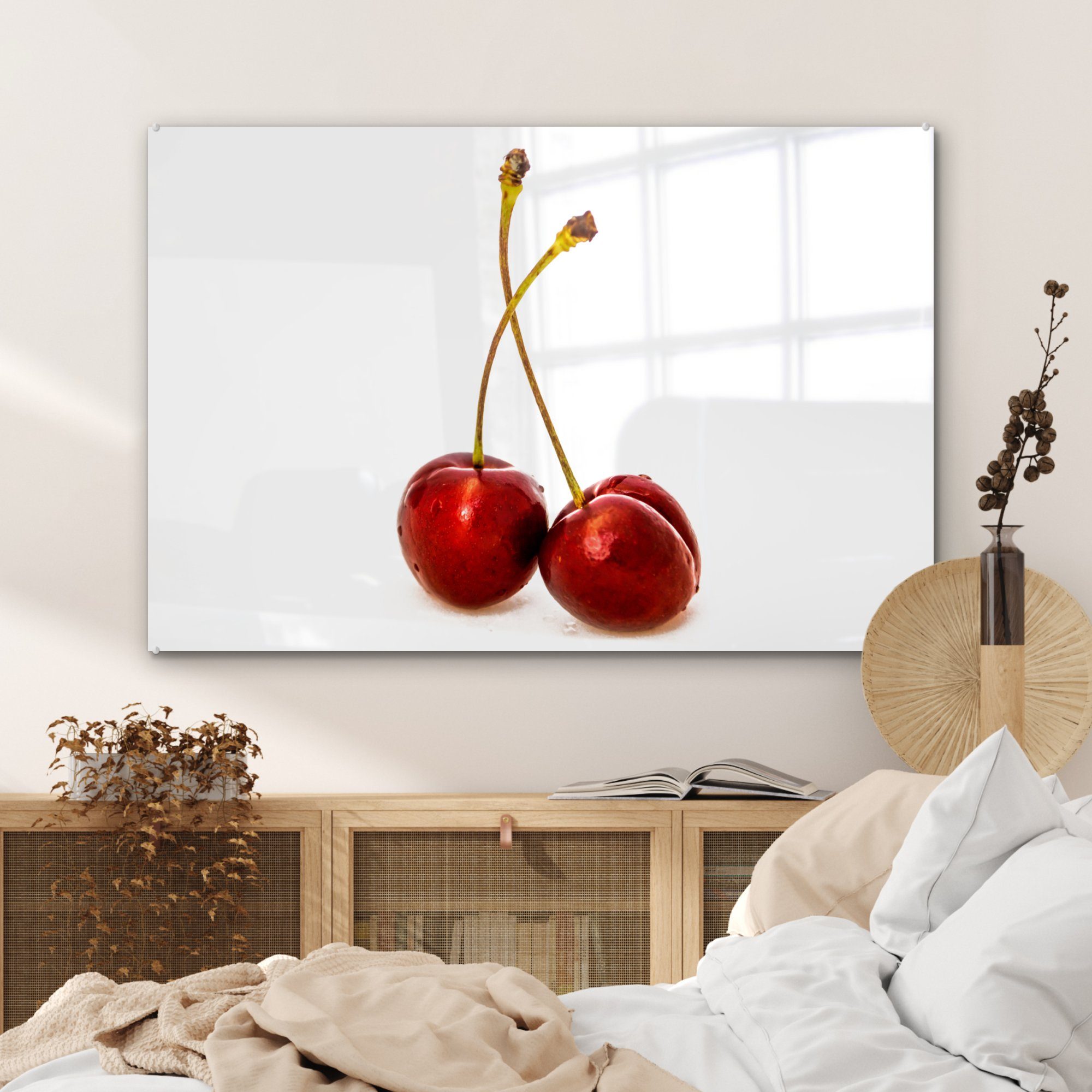 MuchoWow Acrylglasbild - Kirsche Wohnzimmer Acrylglasbilder Schlafzimmer & - Rot, (1 St), Weiß