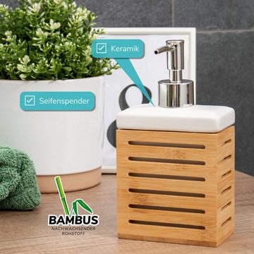 bremermann Badaccessoire-Set Badezimmer-Set 4-tlg., Bambus, Keramik, weiß, Badezimmer-Zubehör-Set