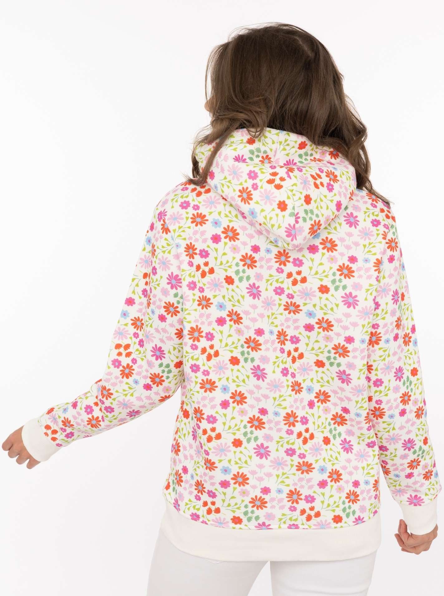 Zwillingsherz Hoodie "AOP Flower Happy Vibes" All-Over-Print, gestickter Schriftzug, Kapuze, elastische Bündchen