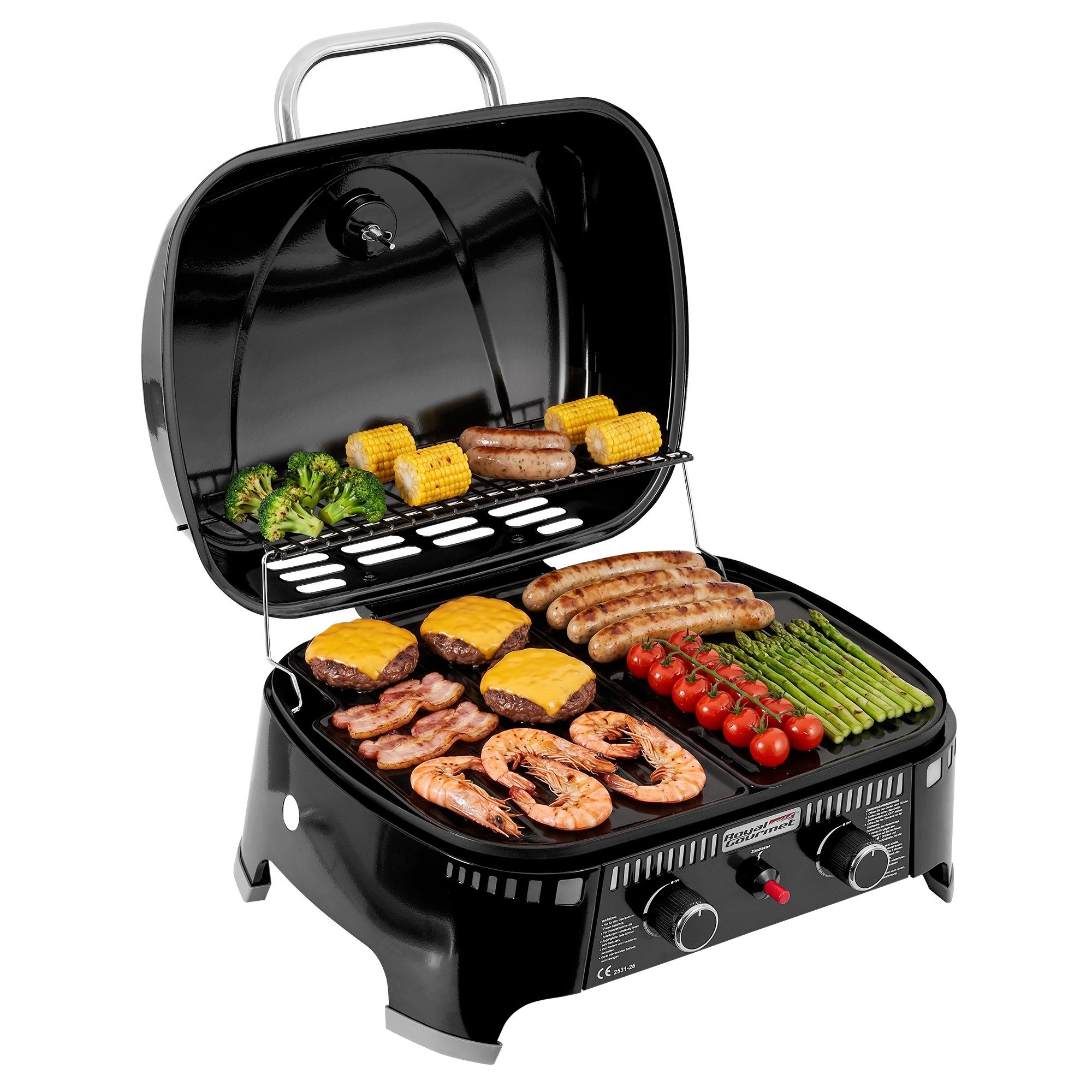 Royal Gourmet Gasgrill 2-Brenner 5 kW Tischgrill Grillplatte Rost, Schwarz, 2-in-1 Grillfläche, Deckelthermometer, abnehmbarer Fettbecher