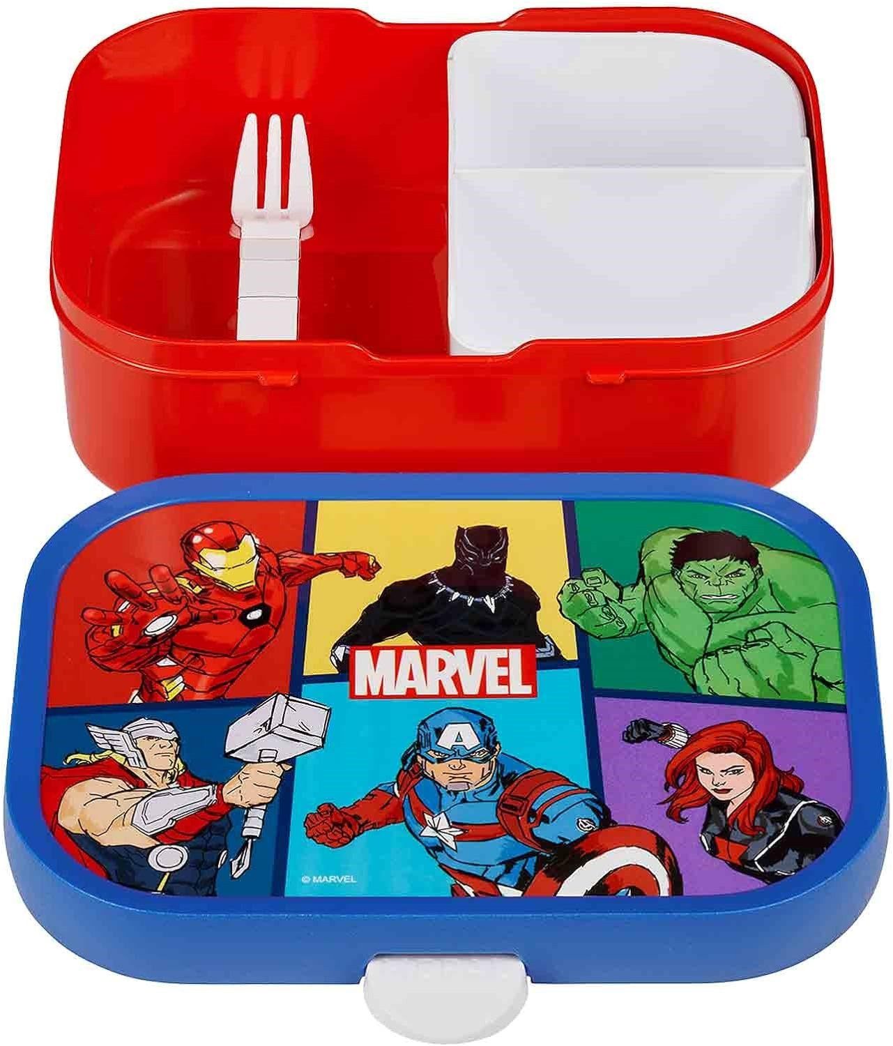 Mepal Lunchbox Bento Lunchbox für Kinder mit Bento-Fach & Gabel, 750 ml, BPA-frei, spülmaschinenfest, Clip-Verschluss, Avengers-Design