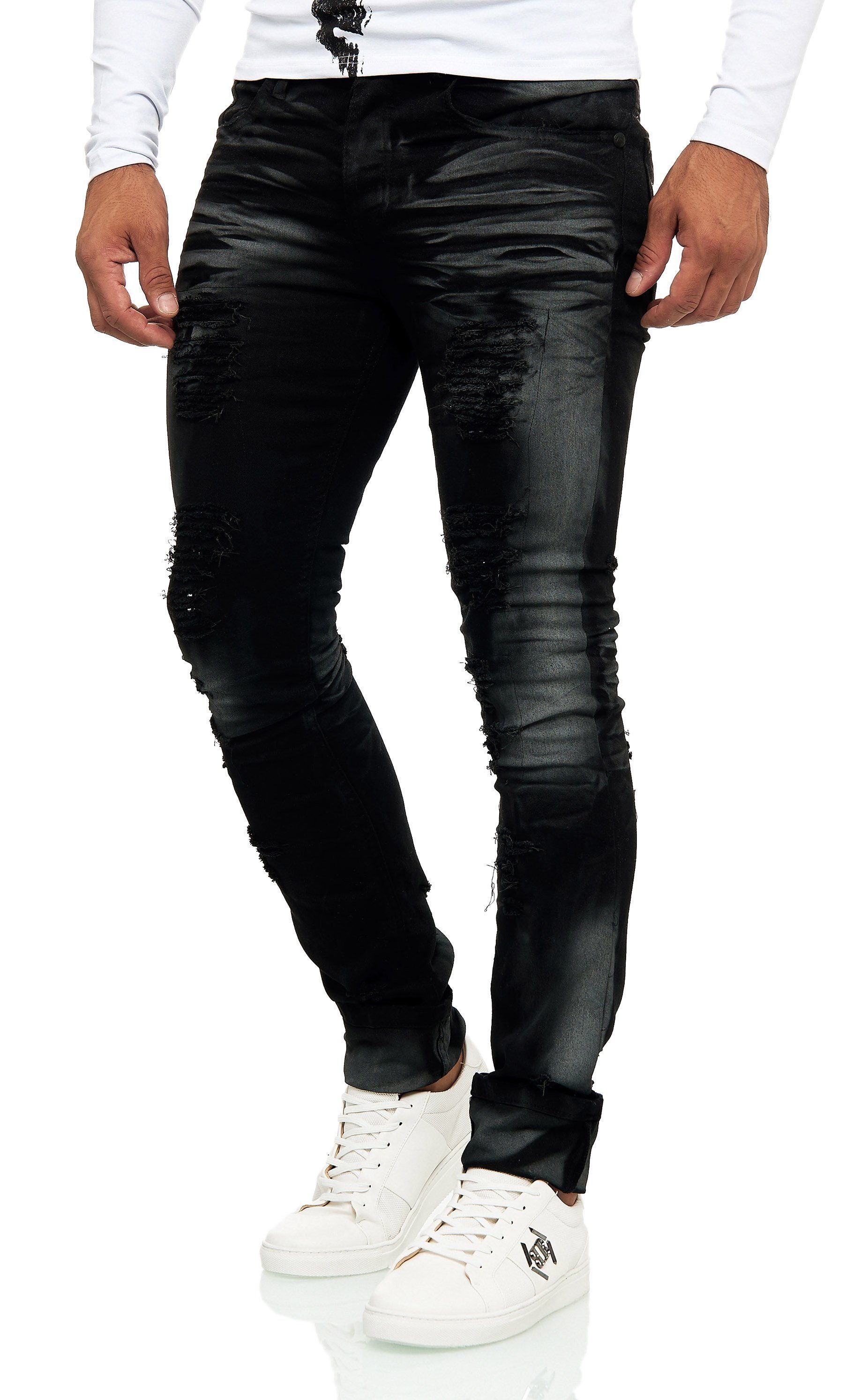 Waschung Destroyed-Look KINGZ auffälliger mit im Slim-fit-Jeans