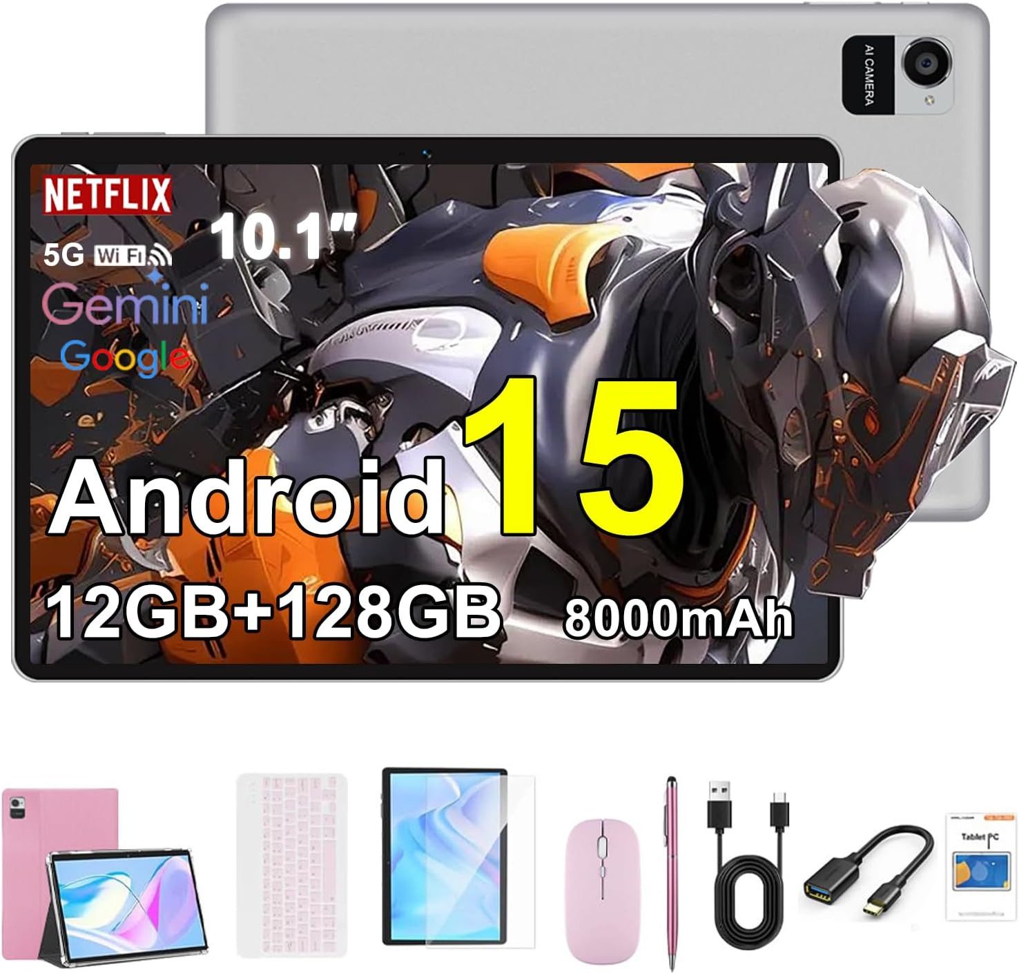 Crelander 8000 mAh Akku, 1280 x 800 Touchscreen Tablet (10.1", 128 GB, Android 15, mit 5G Bluetooth/WiFi, Bundle mit Hülle, Tastatur, Maus & Stift)