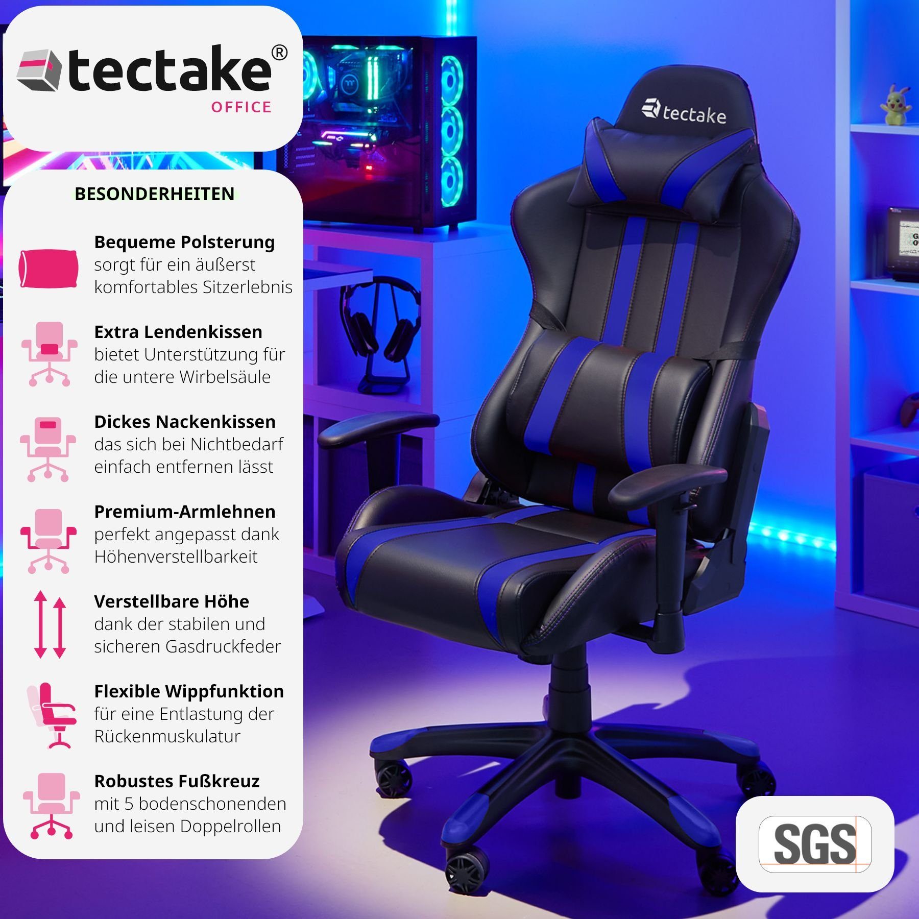 (1er, St), Racing bis verstellbar Streifen tectake schwarz/blau Premium Rückenlehne 105° mit 1 Gaming-Stuhl Bürostuhl