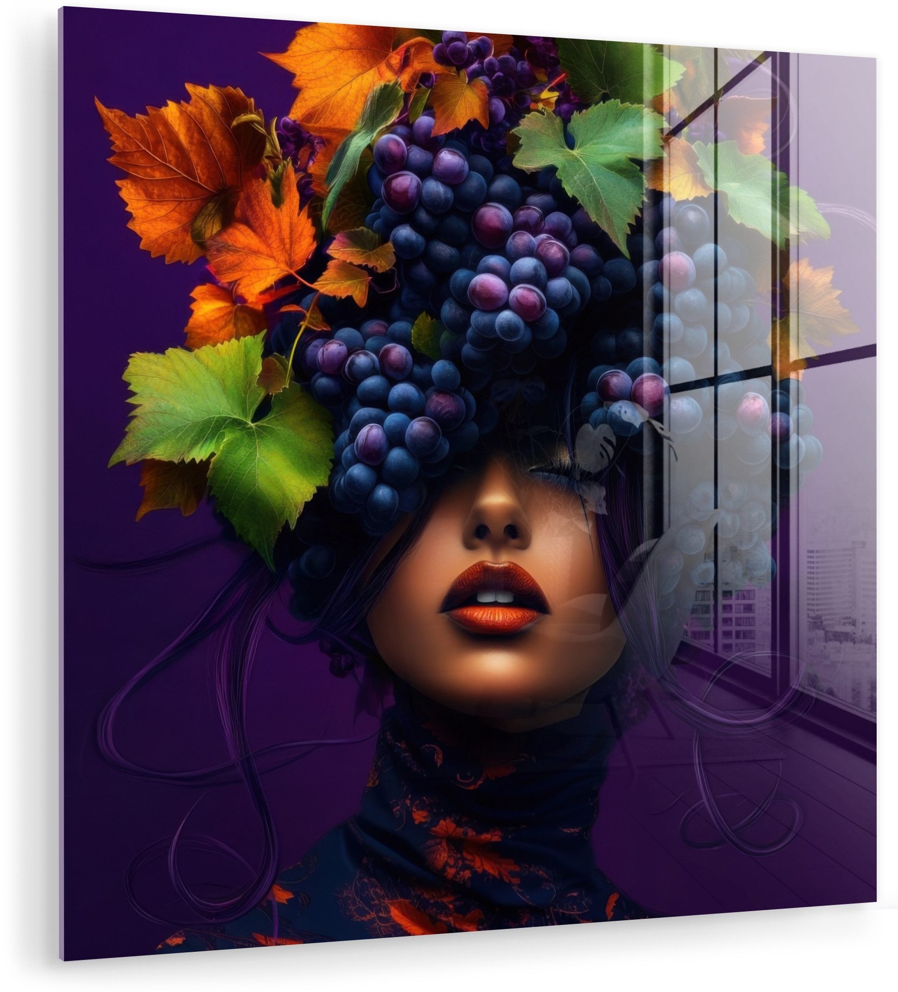 MuchoWow Acrylglasbild Frau - Lila - Weintrauben, Inkl. Aufhängung, Bilder auf Glas Wandbild, Wanddeko Wohnzimmer Badezimmer, 20x20 cm
