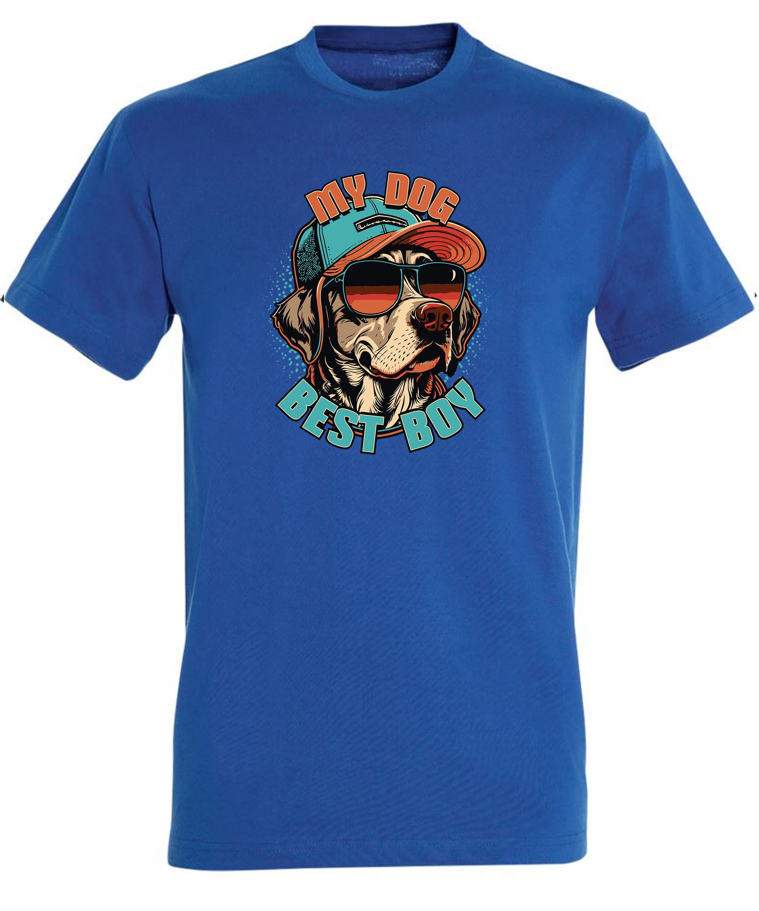 MyDesign24 T-Shirt Herren Hunde und Sonnenbrille - Regular Fit, Print royal blau Shirt Aufdruck Baumwollshirt Hund i225 mit Cooler Cap mit