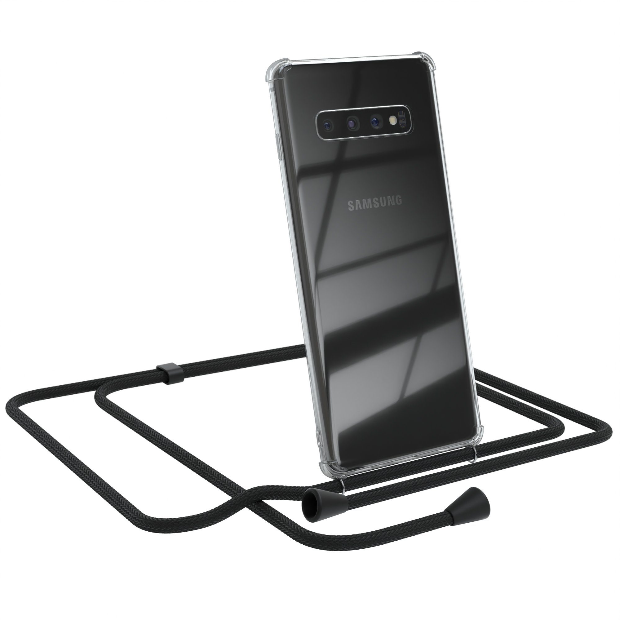 EAZY CASE Handykette Kette Clips Schwarz für Samsung Galaxy S10 Plus 6,4 Zoll, Slimcover mit Umhängeband Case Handytasche Clear Backcover Schwarz