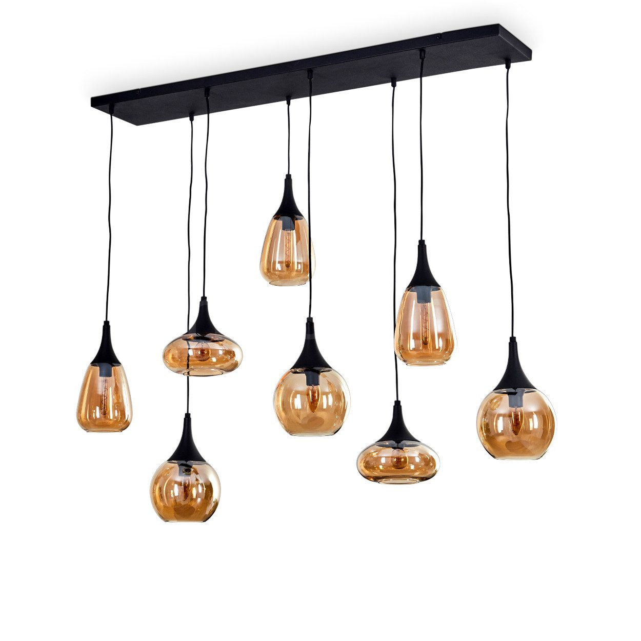 hofstein Pendelleuchte Pendellampe aus Metall/Glas in Schwarz/Bernsteinfarben, ohne Leuchtmittel, Leuchte mit Glasschirmen, max. 150cm, 8 x E14, ohne Leuchtmittel