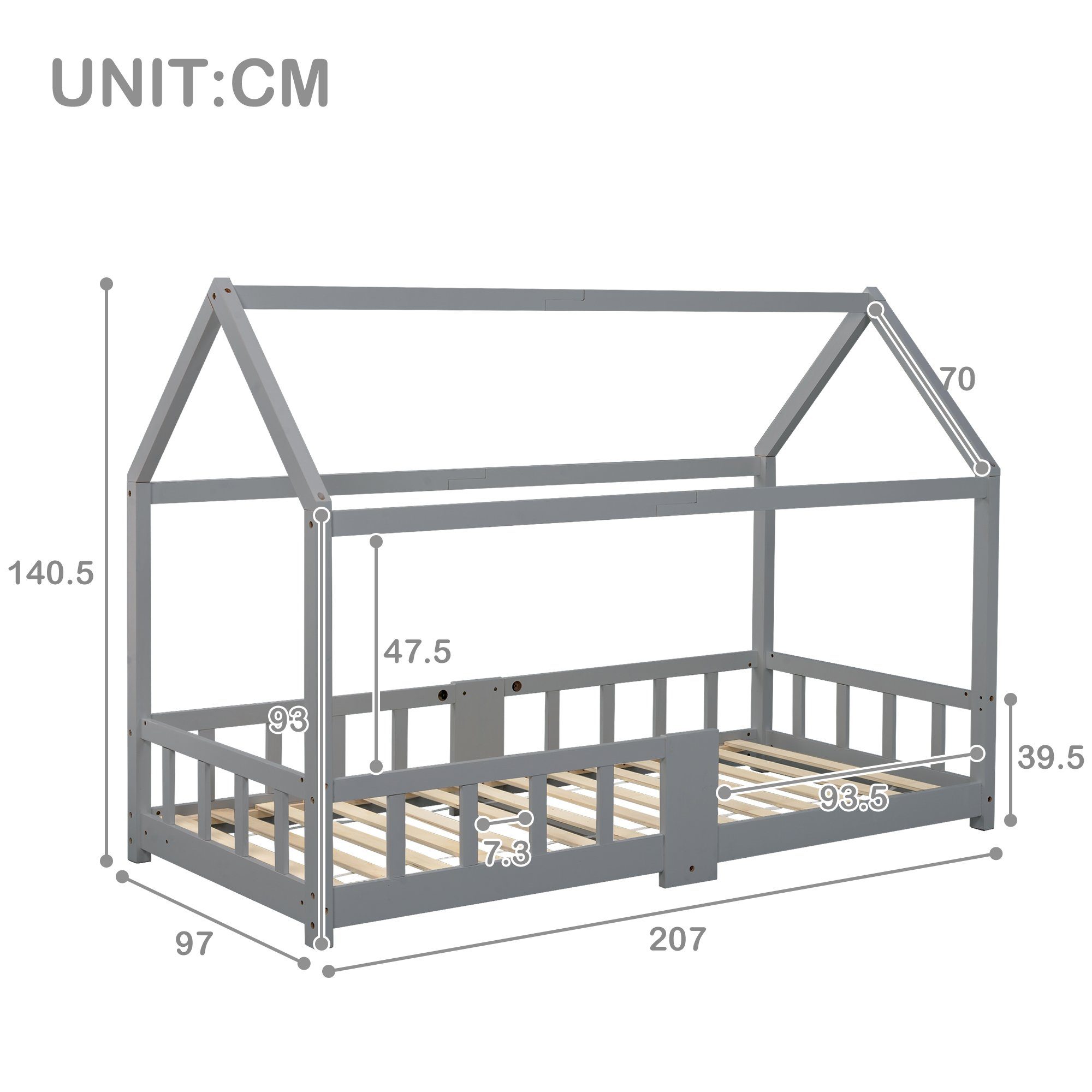 SIKAINI Kinderbett B-DJ-WF197916AAG (ohne x Hausbett Matratze), Grau Kinderbett 90 cm 200