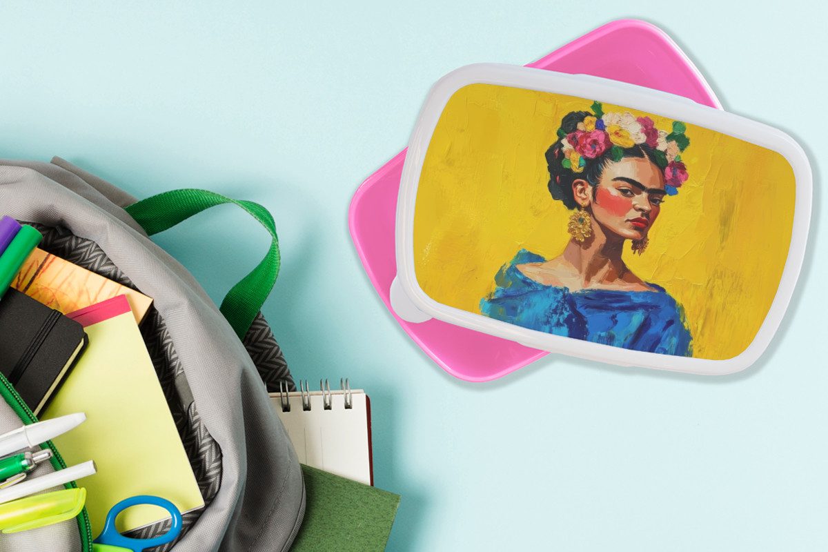 MuchoWow Lunchbox Frida Kahlo - Frau - Gelb - Blau - Blumen, Kunststoff, (2-tlg), Brotdosen, Lunch Box, Brotbox für Kinder und Erwachsene