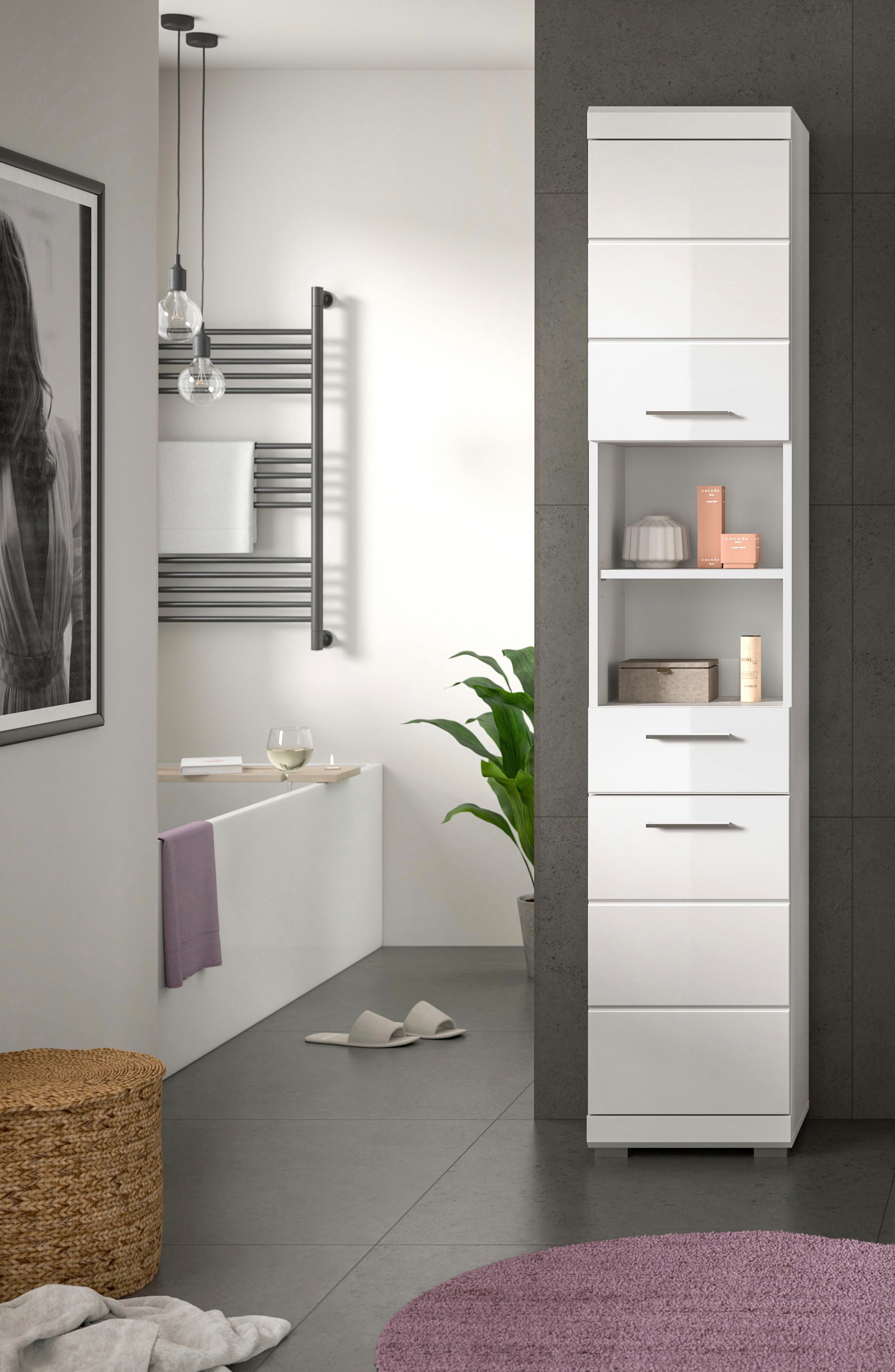 welltime Hochschrank SIENA, Breite 37cm, 2 Tür, 1 Schubkasten, 2 offene Fächer, MDF-Front (1-St., TOPSELLER) in verschiedenen Farben erhältlich, Badmöbel, Badschrank, Schrank, Bad