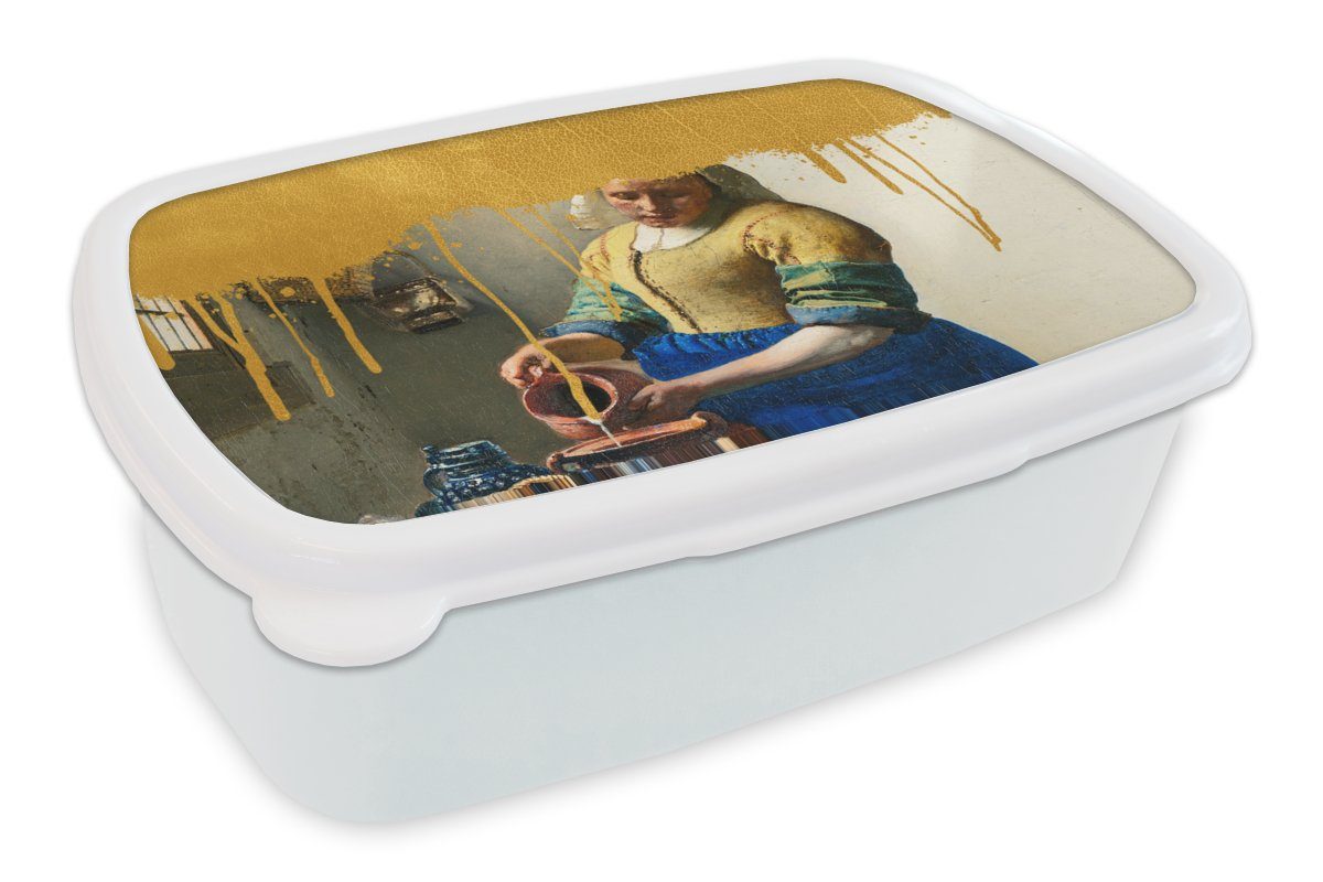 MuchoWow Lunchbox Milchmädchen - Gold - Vermeer, Kunststoff, (2-tlg), Brotbox für Kinder und Erwachsene, Brotdose, für Jungs und Mädchen weiß