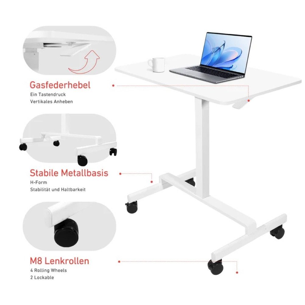 SUPERUN Schreibtisch höhenverstellbarer mobiler Stehschreibtisch mit Gasfeder (1-St), mit 360°‑Lenkrollen & stabiler Metallbasis für Homeoffice & Laufband
