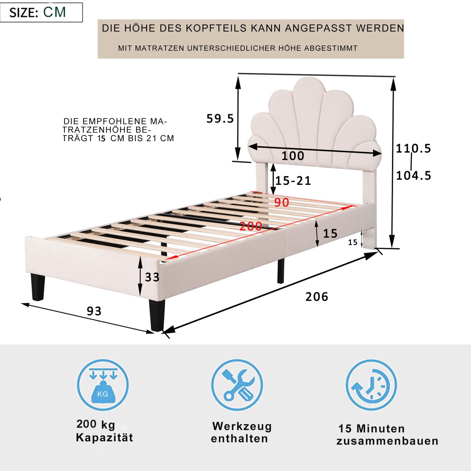 PXloue Polsterbett Einzelbett Kinderbett (Ideal für ein Märchenhaftes Kinderzimmer), Kopfteil in Blumenform,mit Lattenrost und Metallbeinen,90x200cm – Bild 3 von 5