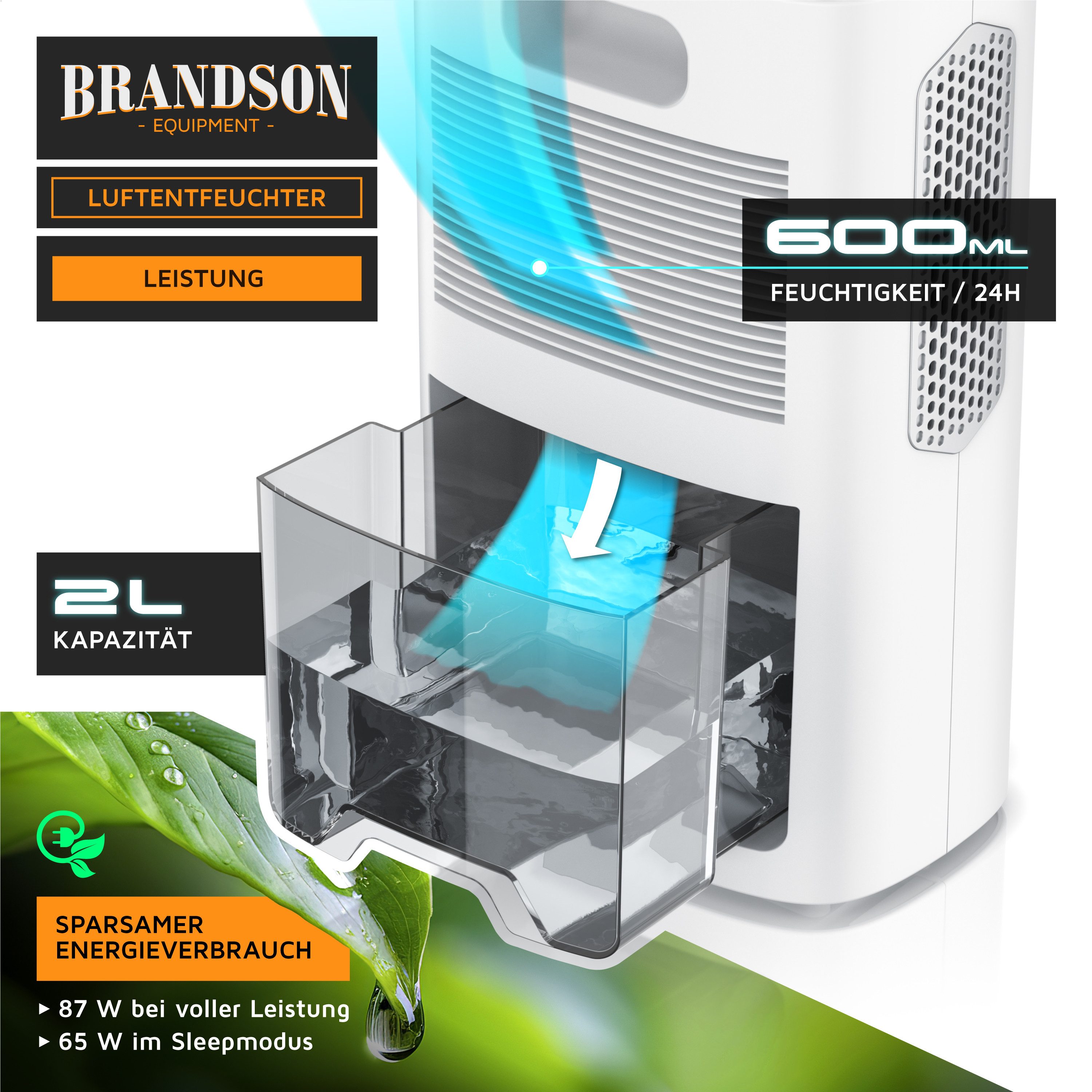 Brandson Luftentfeuchter elektrisch, Raumentfeuchter, klein & leise, Wassertank 2000 ml, für 20 m³ Räume, Entfeuchtung 0,6 l/Tag, Tank 0,6 l, Entfeuchter Peltier Dehumidifier für Wohnung, Badezimmer, Schlafzimmer