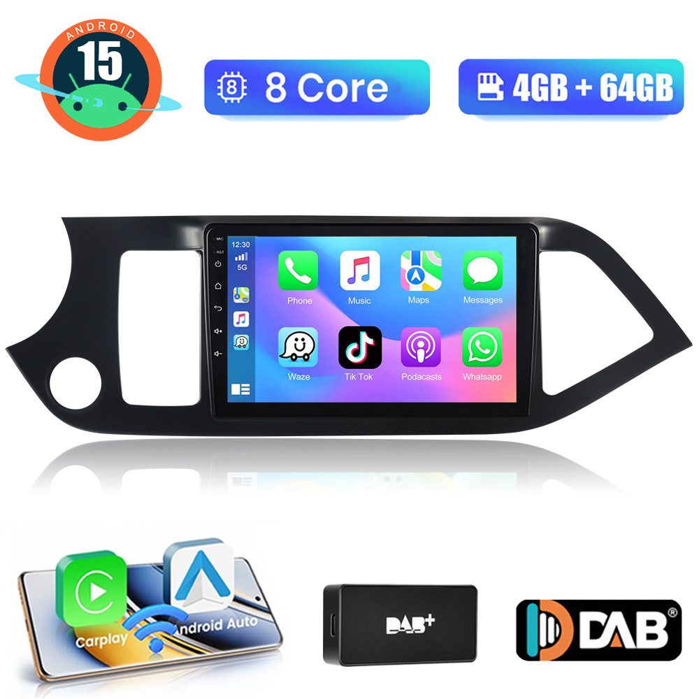 A-Sure Für KIA PICANTO TA 2011-16 8-Core Android 15 Wireless Carplay GPS Navi Autoradio (Digitalradio (DAB), FM, AM, 1280*800 IPS Screen/8-Core CPU)