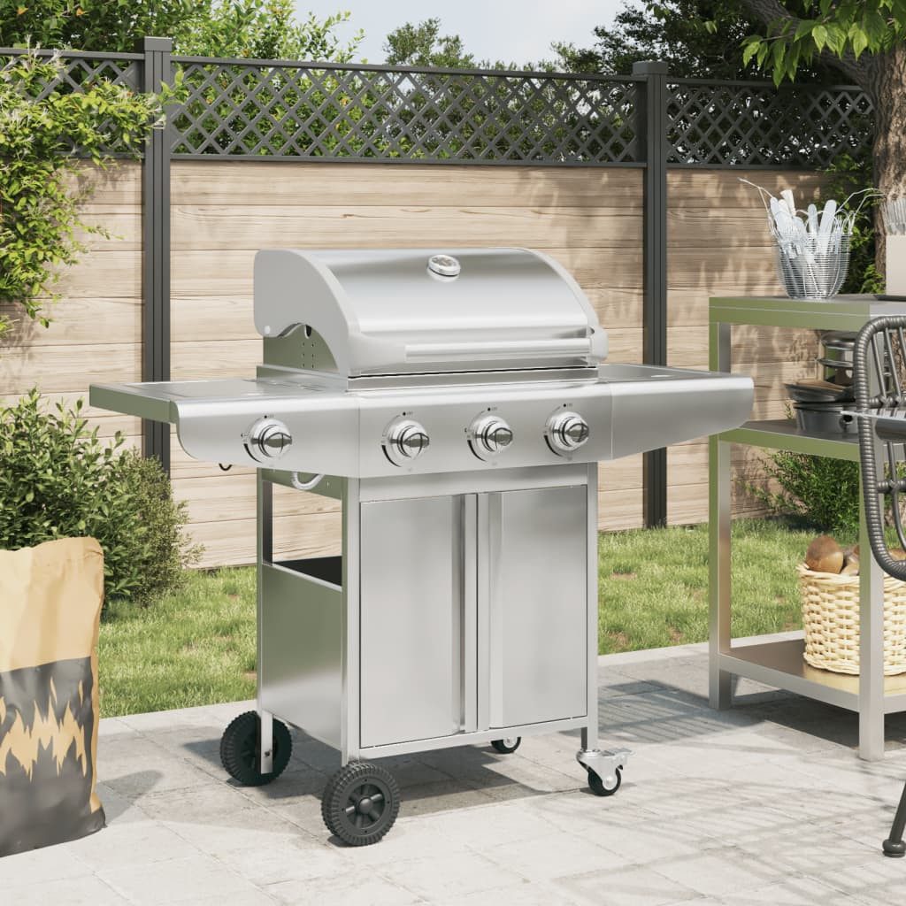 vidaXL Gasgrill, Gasgrill mit 4 Flammen Silbern Edelstahl