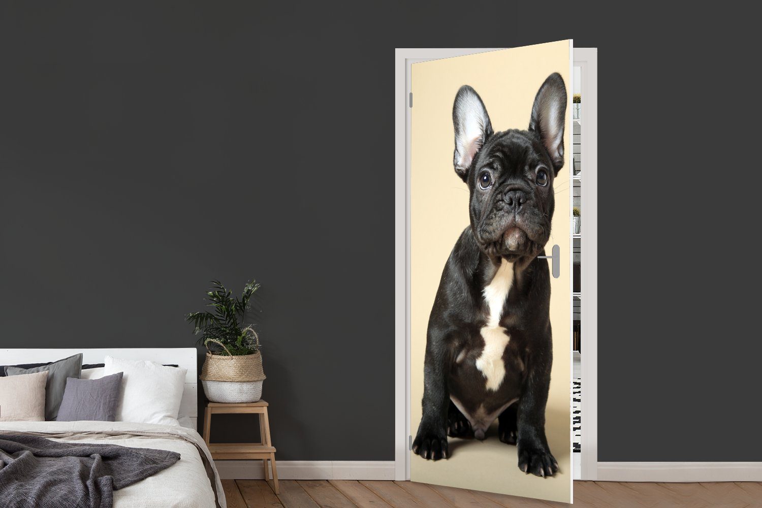 cm Türaufkleber, bedruckt, Schwarz Tür, - Beige, MuchoWow Bulldogge Fototapete 75x205 - St), für Französische Matt, (1 Türtapete